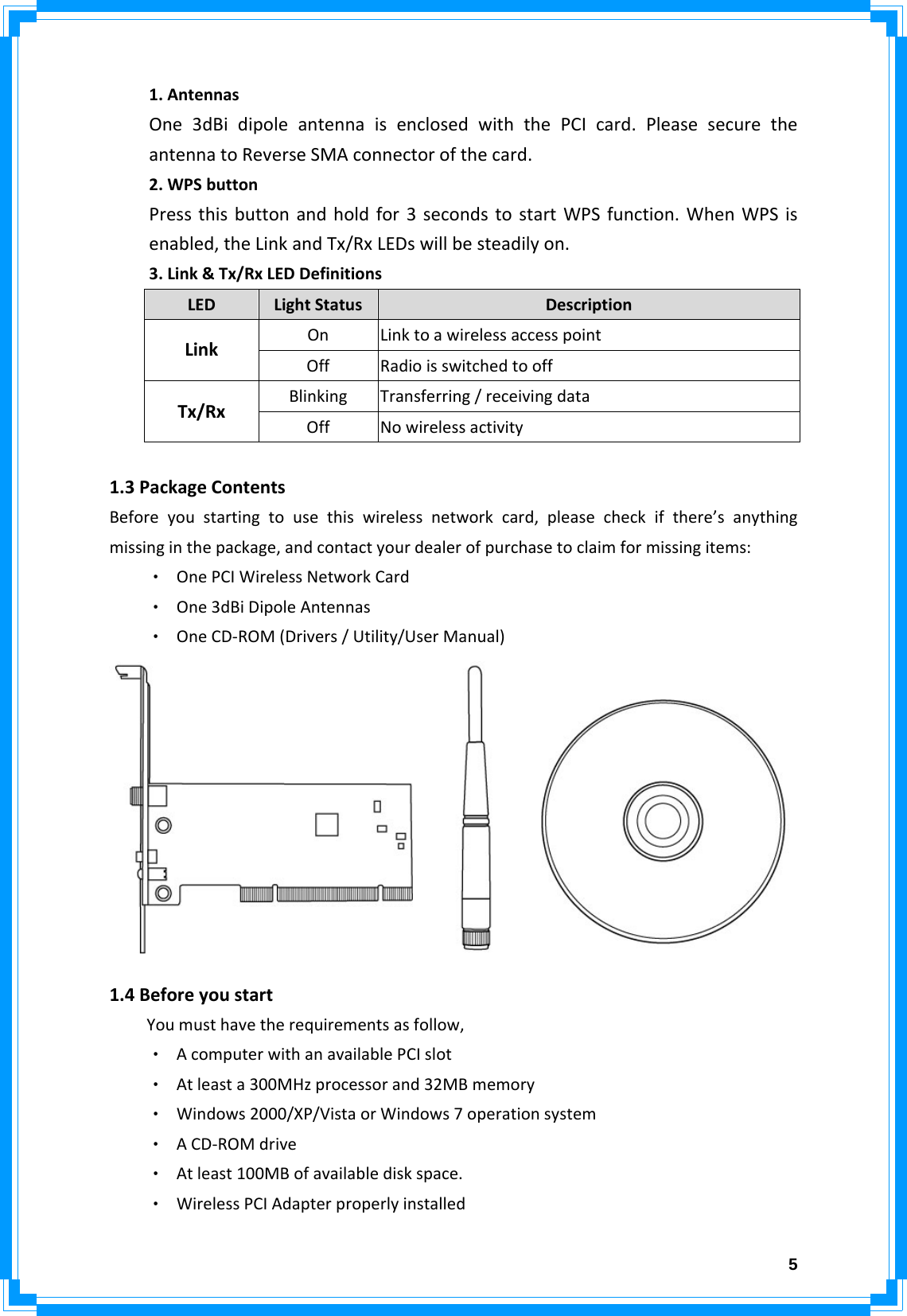  5 1.AntennasOne3dBidipoleantennaisenclosedwiththePCIcard.PleasesecuretheantennatoReverseSMAconnectorofthecard. 2.WPSbutton Pressthisbuttonandholdfor3secondstostartWPSfunction.WhenWPSisenabled,theLinkandTx/RxLEDswillbesteadilyon. 3.Link&amp;Tx/RxLEDDefinitionsLEDLightStatusDescriptionOnLinktoawirelessaccesspointLinkOffRadioisswitchedtooffBlinkingTransferring/receivingdataTx/RxOffNowirelessactivity  1.3PackageContentsBeforeyoustartingtousethiswirelessnetworkcard,pleasecheckifthere’sanythingmissinginthepackage,andcontactyourdealerofpurchasetoclaimformissingitems:‧ OnePCIWirelessNetworkCard‧ One3dBiDipoleAntennas‧ OneCD‐ROM(Drivers/Utility/UserManual) 1.4BeforeyoustartYoumusthavetherequirementsasfollow,‧ AcomputerwithanavailablePCIslot‧ Atleasta300MHzprocessorand32MBmemory‧ Windows2000/XP/VistaorWindows7operationsystem‧ ACD‐ROMdrive‧ Atleast100MBofavailablediskspace.‧ WirelessPCIAdapterproperlyinstalled