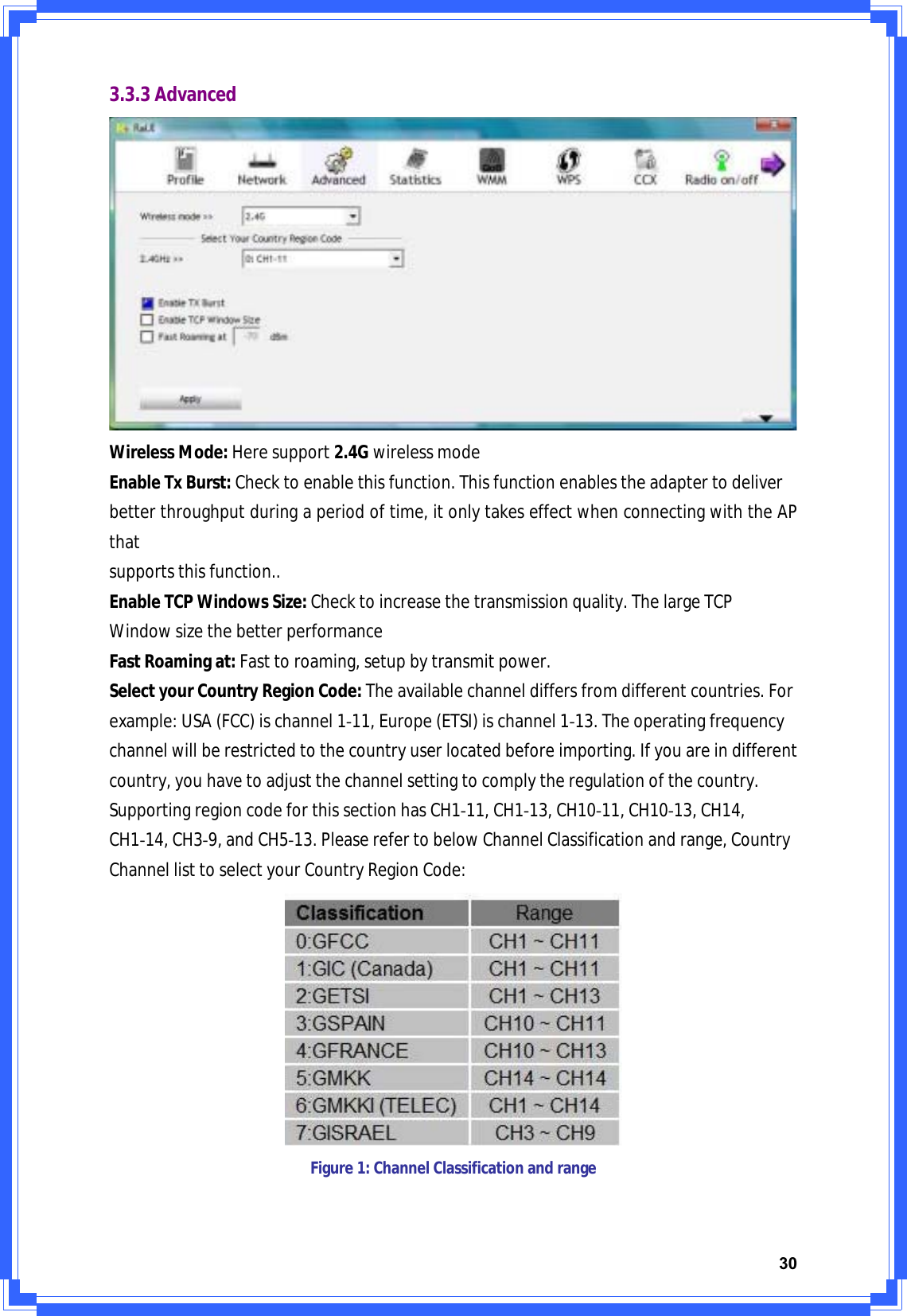 303.3.3AdvancedWirelessMode:Heresupport2.4GwirelessmodeEnableTxBurst:Checktoenablethisfunction.Thisfunctionenablestheadaptertodeliverbetterthroughputduringaperiodoftime,itonlytakeseffectwhenconnectingwiththeAPthatsupportsthisfunction..EnableTCPWindowsSize:Checktoincreasethetransmissionquality.ThelargeTCPWindowsizethebetterperformanceFastRoamingat:Fasttoroaming,setupbytransmitpower.SelectyourCountryRegionCode:Theavailablechanneldiffersfromdifferentcountries.Forexample:USA(FCC)ischannel1Ͳ11,Europe(ETSI)ischannel1Ͳ13.Theoperatingfrequencychannelwillberestrictedtothecountryuserlocatedbeforeimporting.Ifyouareindifferentcountry,youhavetoadjustthechannelsettingtocomplytheregulationofthecountry.SupportingregioncodeforthissectionhasCH1Ͳ11,CH1Ͳ13,CH10Ͳ11,CH10Ͳ13,CH14,CH1Ͳ14,CH3Ͳ9,andCH5Ͳ13.PleaserefertobelowChannelClassificationandrange,CountryChannellisttoselectyourCountryRegionCode:Figure1:ChannelClassificationandrange