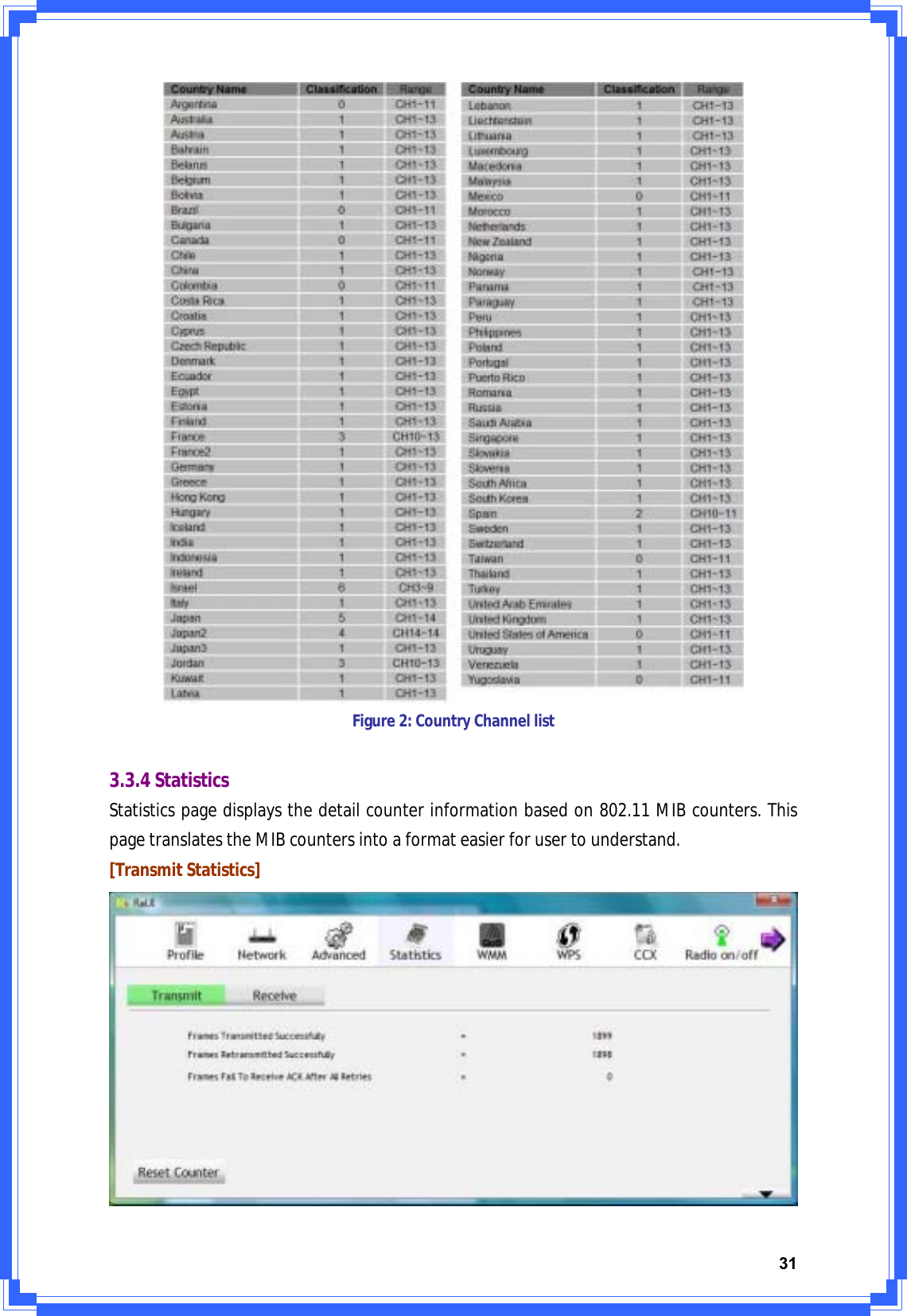 31Figure2:CountryChannellist3.3.4StatisticsStatisticspagedisplaysthedetailcounterinformationbasedon802.11MIBcounters.ThispagetranslatestheMIBcountersintoaformateasierforusertounderstand.[TransmitStatistics]