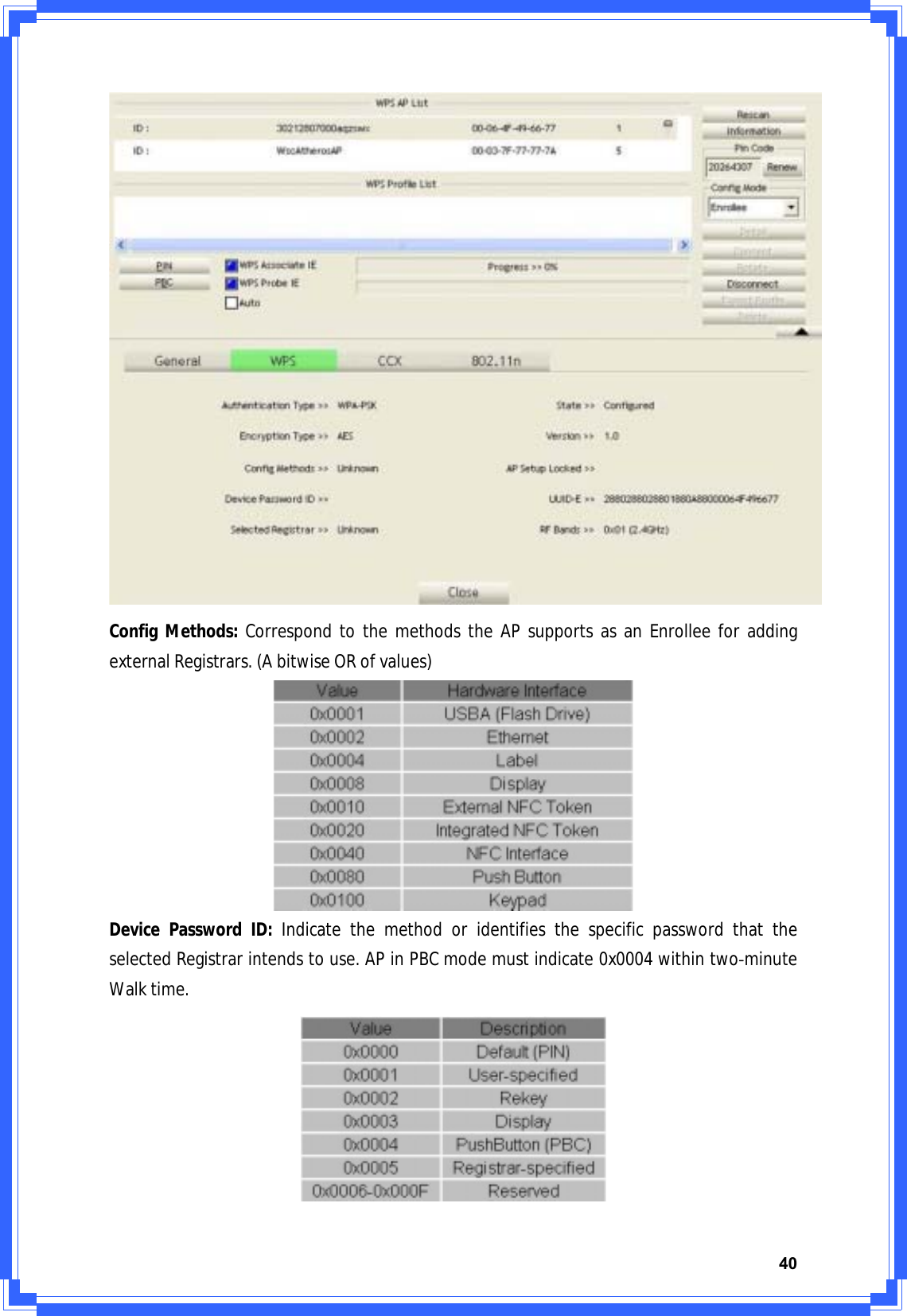 40ConfigMethods:CorrespondtothemethodstheAPsupportsasanEnrolleeforaddingexternalRegistrars.(AbitwiseORofvalues)DevicePasswordID:IndicatethemethodoridentifiesthespecificpasswordthattheselectedRegistrarintendstouse.APinPBCmodemustindicate0x0004withintwoͲminuteWalktime.