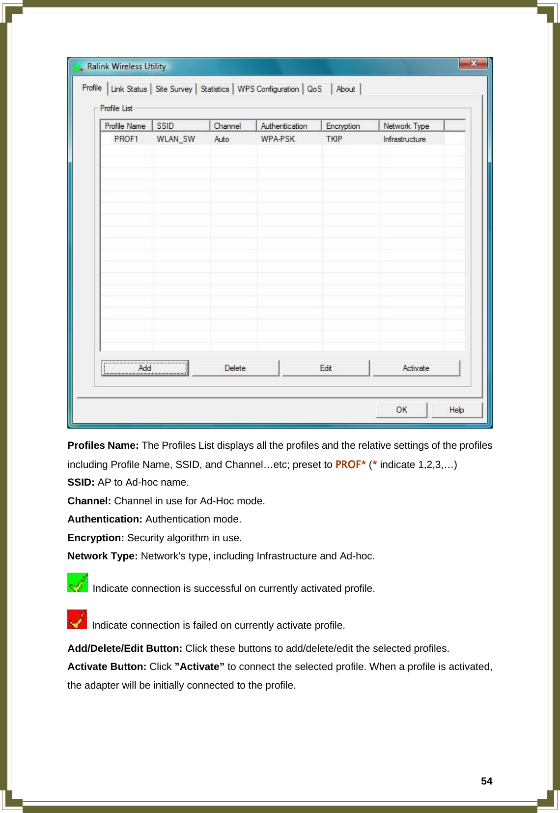  54 Profiles Name: The Profiles List displays all the profiles and the relative settings of the profiles including Profile Name, SSID, and Channel…etc; preset to PROF* (* indicate 1,2,3,…) SSID: AP to Ad-hoc name. Channel: Channel in use for Ad-Hoc mode. Authentication: Authentication mode. Encryption: Security algorithm in use. Network Type: Network’s type, including Infrastructure and Ad-hoc.   Indicate connection is successful on currently activated profile.   Indicate connection is failed on currently activate profile. Add/Delete/Edit Button: Click these buttons to add/delete/edit the selected profiles. Activate Button: Click ”Activate” to connect the selected profile. When a profile is activated, the adapter will be initially connected to the profile.    