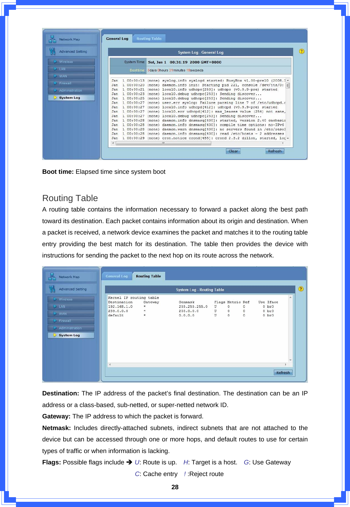  28 Boot time: Elapsed time since system boot  Routing Table A routing table contains the information necessary to forward a packet along the best path toward its destination. Each packet contains information about its origin and destination. When a packet is received, a network device examines the packet and matches it to the routing table entry providing the best match for its destination. The table then provides the device with instructions for sending the packet to the next hop on its route across the network.  Destination: The IP address of the packet’s final destination. The destination can be an IP address or a class-based, sub-netted, or super-netted network ID.   Gateway: The IP address to which the packet is forward. Netmask: Includes directly-attached subnets, indirect subnets that are not attached to the device but can be accessed through one or more hops, and default routes to use for certain types of traffic or when information is lacking. Flags: Possible flags include Î U: Route is up.    H: Target is a host.   G: Use Gateway                                C: Cache entry   ! :Reject route 