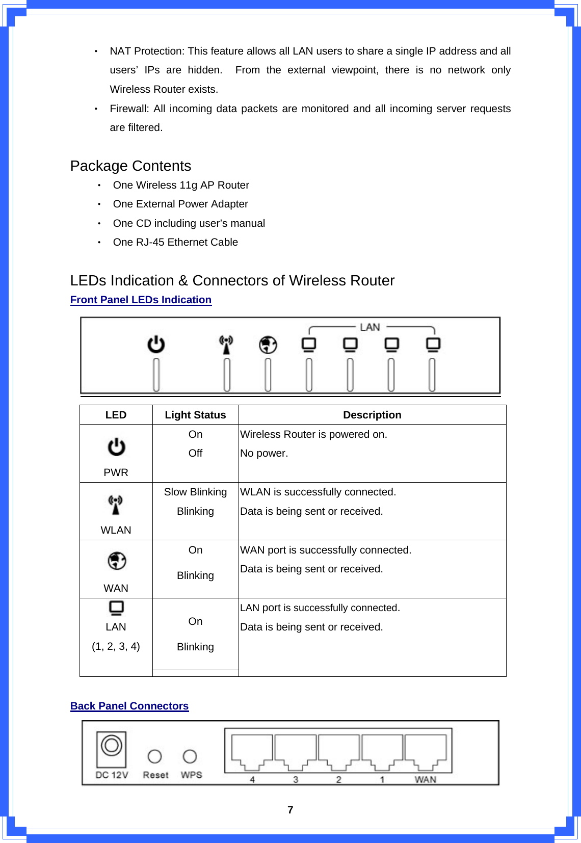  7‧ NAT Protection: This feature allows all LAN users to share a single IP address and all users’ IPs are hidden.  From the external viewpoint, there is no network only Wireless Router exists. ‧ Firewall: All incoming data packets are monitored and all incoming server requests are filtered.  Package Contents ‧ One Wireless 11g AP Router ‧ One External Power Adapter ‧ One CD including user’s manual   ‧ One RJ-45 Ethernet Cable  LEDs Indication &amp; Connectors of Wireless Router Front Panel LEDs Indication  LED Light Status  Description  PWR On Off Wireless Router is powered on. No power.  WLAN Slow Blinking   Blinking WLAN is successfully connected. Data is being sent or received.  WAN On Blinking WAN port is successfully connected. Data is being sent or received.  LAN (1, 2, 3, 4)   On Blinking LAN port is successfully connected. Data is being sent or received.  Back Panel Connectors  