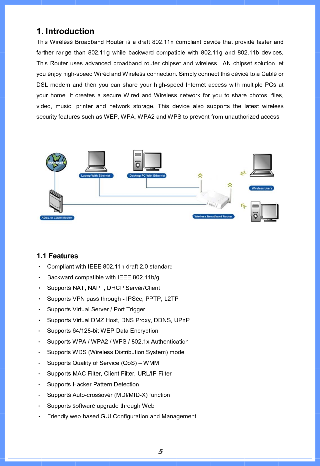 51. Introduction   This Wireless Broadband Router is a draft 802.11n compliant device that provide faster and farther range than 802.11g while backward compatible with 802.11g and 802.11b devices. This Router uses advanced broadband router chipset and wireless LAN chipset solution let you enjoy high-speed Wired and Wireless connection. Simply connect this device to a Cable or DSL modem and then you can share your high-speed Internet access with multiple PCs at your home. It creates a secure Wired and Wireless network for you to share photos, files, video, music, printer and network storage. This device also supports the latest wireless security features such as WEP, WPA, WPA2 and WPS to prevent from unauthorized access.   1.1 Features   Θ! Compliant with IEEE 802.11n draft 2.0 standard Θ! Backward compatible with IEEE 802.11b/g Θ! Supports NAT, NAPT, DHCP Server/Client Θ! Supports VPN pass through - IPSec, PPTP, L2TP Θ! Supports Virtual Server / Port Trigger   Θ! Supports Virtual DMZ Host, DNS Proxy, DDNS, UPnP Θ! Supports 64/128-bit WEP Data EncryptionΘ! Supports WPA / WPA2 / WPS / 802.1x AuthenticationΘ! Supports WDS (Wireless Distribution System) modeΘ! Supports Quality of Service (QoS) – WMMΘ! Supports MAC Filter, Client Filter, URL/IP FilterΘ! Supports Hacker Pattern DetectionΘ! Supports Auto-crossover (MDI/MID-X) functionΘ! Supports software upgrade through WebΘ! Friendly web-based GUI Configuration and Management 