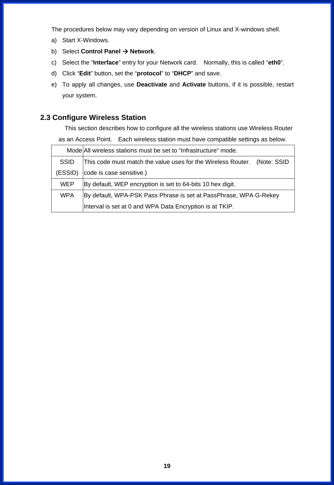  19The procedures below may vary depending on version of Linux and X-windows shell. a) Start X-Windows. b) Select Control Panel Æ Network. c)  Select the “Interface” entry for your Network card.    Normally, this is called “eth0”. d) Click “Edit” button, set the “protocol” to “DHCP” and save. e)  To apply all changes, use Deactivate and Activate buttons, if it is possible, restart your system.   2.3 Configure Wireless Station         This section describes how to configure all the wireless stations use Wireless Router as an Access Point.    Each wireless station must have compatible settings as below.   Mode All wireless stations must be set to “Infrastructure” mode. SSID (ESSID) This code must match the value uses for the Wireless Router.    (Note: SSID code is case sensitive.) WEP  By default, WEP encryption is set to 64-bits 10 hex digit. WPA  By default, WPA-PSK Pass Phrase is set at PassPhrase, WPA G-Rekey Interval is set at 0 and WPA Data Encryption is at TKIP.                       