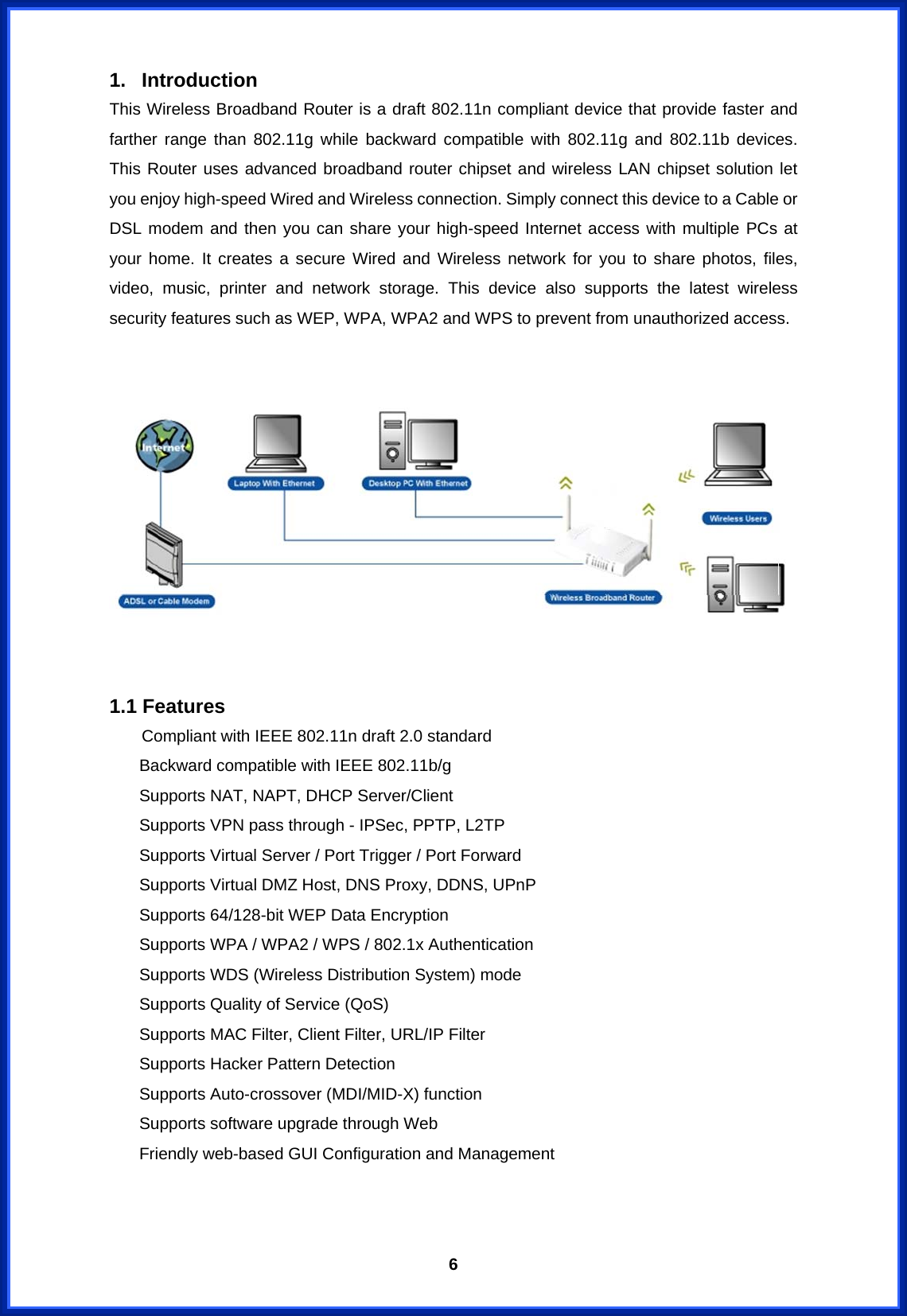  61. Introduction  This Wireless Broadband Router is a draft 802.11n compliant device that provide faster and farther range than 802.11g while backward compatible with 802.11g and 802.11b devices. This Router uses advanced broadband router chipset and wireless LAN chipset solution let you enjoy high-speed Wired and Wireless connection. Simply connect this device to a Cable or DSL modem and then you can share your high-speed Internet access with multiple PCs at your home. It creates a secure Wired and Wireless network for you to share photos, files, video, music, printer and network storage. This device also supports the latest wireless security features such as WEP, WPA, WPA2 and WPS to prevent from unauthorized access.         1.1 Features Compliant with IEEE 802.11n draft 2.0 standard   Backward compatible with IEEE 802.11b/g   Supports NAT, NAPT, DHCP Server/Client   Supports VPN pass through - IPSec, PPTP, L2TP   Supports Virtual Server / Port Trigger / Port Forward   Supports Virtual DMZ Host, DNS Proxy, DDNS, UPnP  Supports 64/128-bit WEP Data Encryption  Supports WPA / WPA2 / WPS / 802.1x Authentication  Supports WDS (Wireless Distribution System) mode  Supports Quality of Service (QoS)    Supports MAC Filter, Client Filter, URL/IP Filter  Supports Hacker Pattern Detection  Supports Auto-crossover (MDI/MID-X) function  Supports software upgrade through Web   Friendly web-based GUI Configuration and Management   