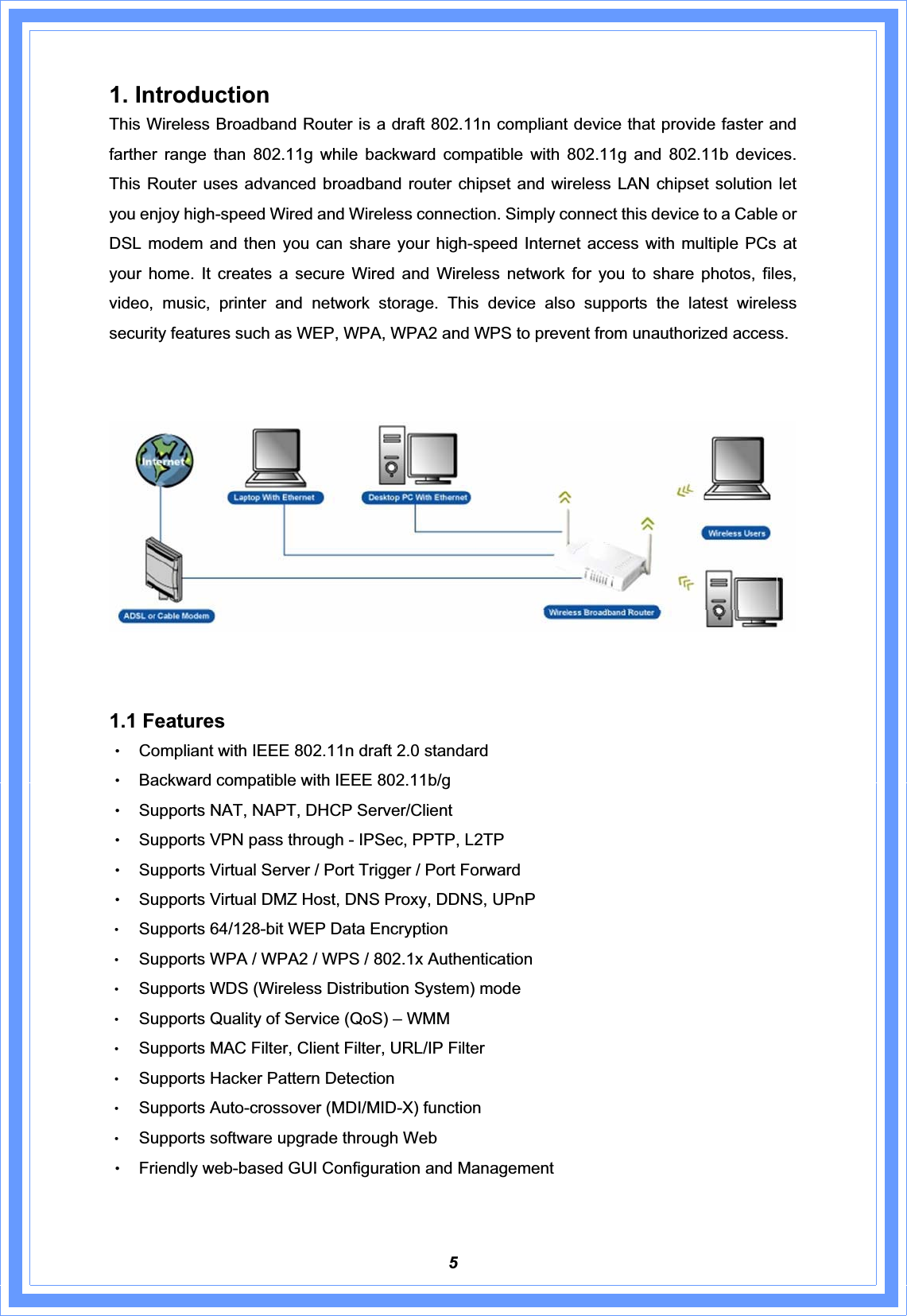 51. Introduction   This Wireless Broadband Router is a draft 802.11n compliant device that provide faster and farther range than 802.11g while backward compatible with 802.11g and 802.11b devices. This Router uses advanced broadband router chipset and wireless LAN chipset solution let you enjoy high-speed Wired and Wireless connection. Simply connect this device to a Cable or DSL modem and then you can share your high-speed Internet access with multiple PCs at your home. It creates a secure Wired and Wireless network for you to share photos, files, video, music, printer and network storage. This device also supports the latest wireless security features such as WEP, WPA, WPA2 and WPS to prevent from unauthorized access.   1.1 Features   ΘʳCompliant with IEEE 802.11n draft 2.0 standard ΘʳBackward compatible with IEEE 802.11b/g ΘʳSupports NAT, NAPT, DHCP Server/Client ΘʳSupports VPN pass through - IPSec, PPTP, L2TP ΘʳSupports Virtual Server / Port Trigger / Port Forward ΘʳSupports Virtual DMZ Host, DNS Proxy, DDNS, UPnP ΘʳSupports 64/128-bit WEP Data EncryptionΘʳSupports WPA / WPA2 / WPS / 802.1x AuthenticationΘʳSupports WDS (Wireless Distribution System) modeΘʳSupports Quality of Service (QoS) – WMMΘʳSupports MAC Filter, Client Filter, URL/IP FilterΘʳSupports Hacker Pattern DetectionΘʳSupports Auto-crossover (MDI/MID-X) functionΘʳSupports software upgrade through WebΘʳFriendly web-based GUI Configuration and Management 