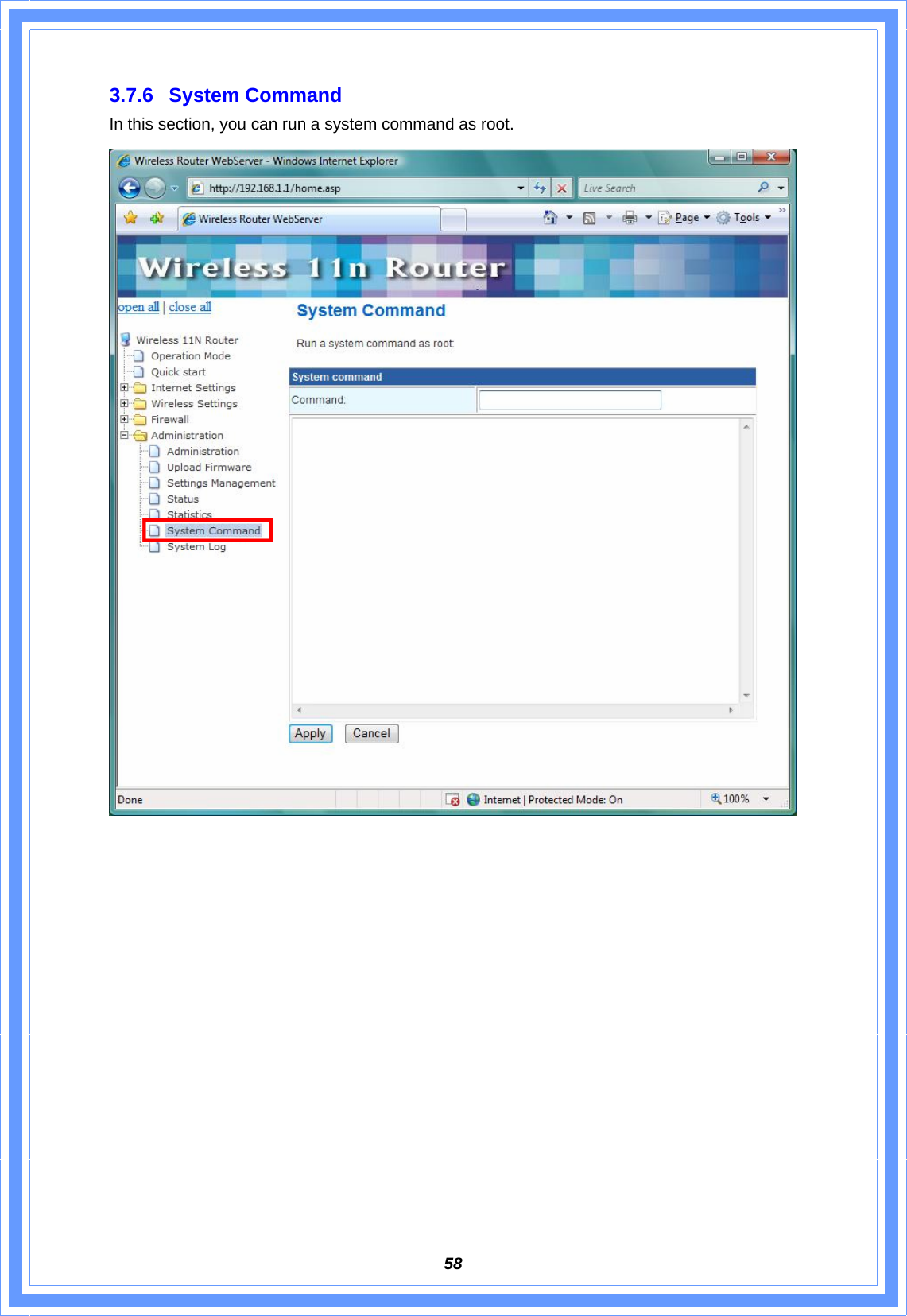  583.7.6 System Command In this section, you can run a system command as root.               