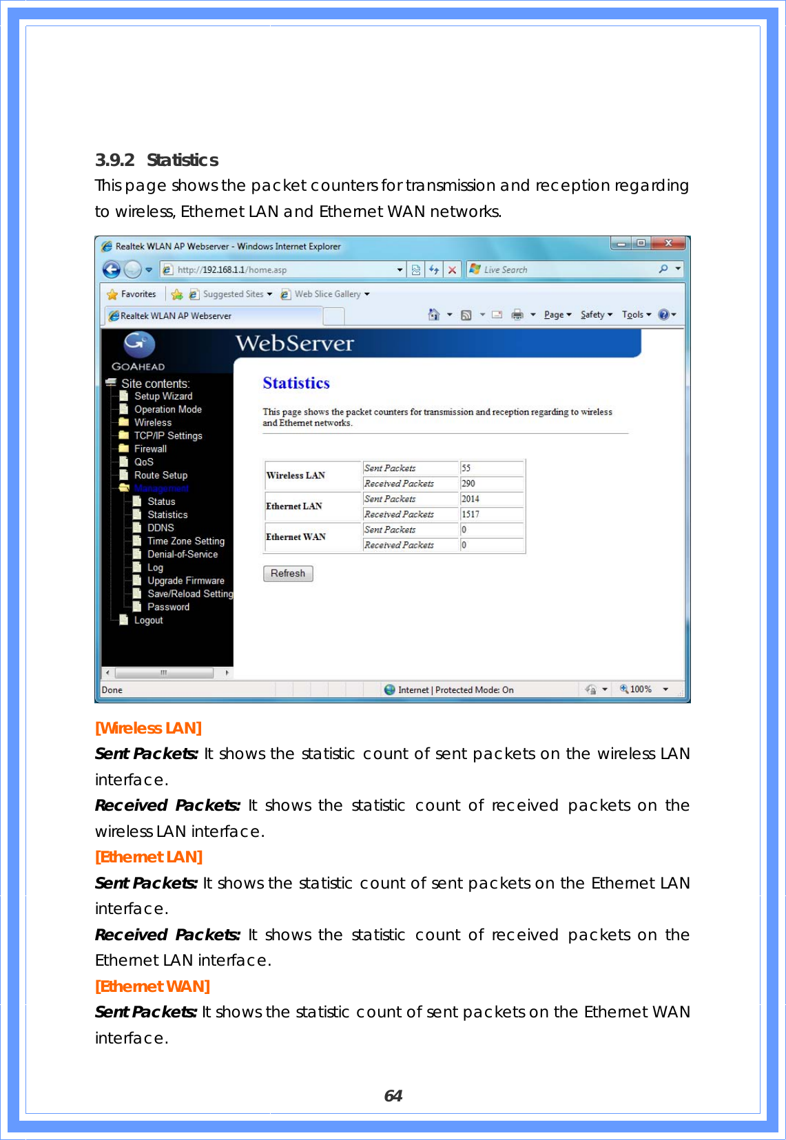  64    3.9.2 Statistics This page shows the packet counters for transmission and reception regarding to wireless, Ethernet LAN and Ethernet WAN networks.  [Wireless LAN] Sent Packets: It shows the statistic count of sent packets on the wireless LAN interface. Received Packets: It shows the statistic count of received packets on the wireless LAN interface. [Ethernet LAN] Sent Packets: It shows the statistic count of sent packets on the Ethernet LAN interface. Received Packets: It shows the statistic count of received packets on the Ethernet LAN interface. [Ethernet WAN] Sent Packets: It shows the statistic count of sent packets on the Ethernet WAN interface. 