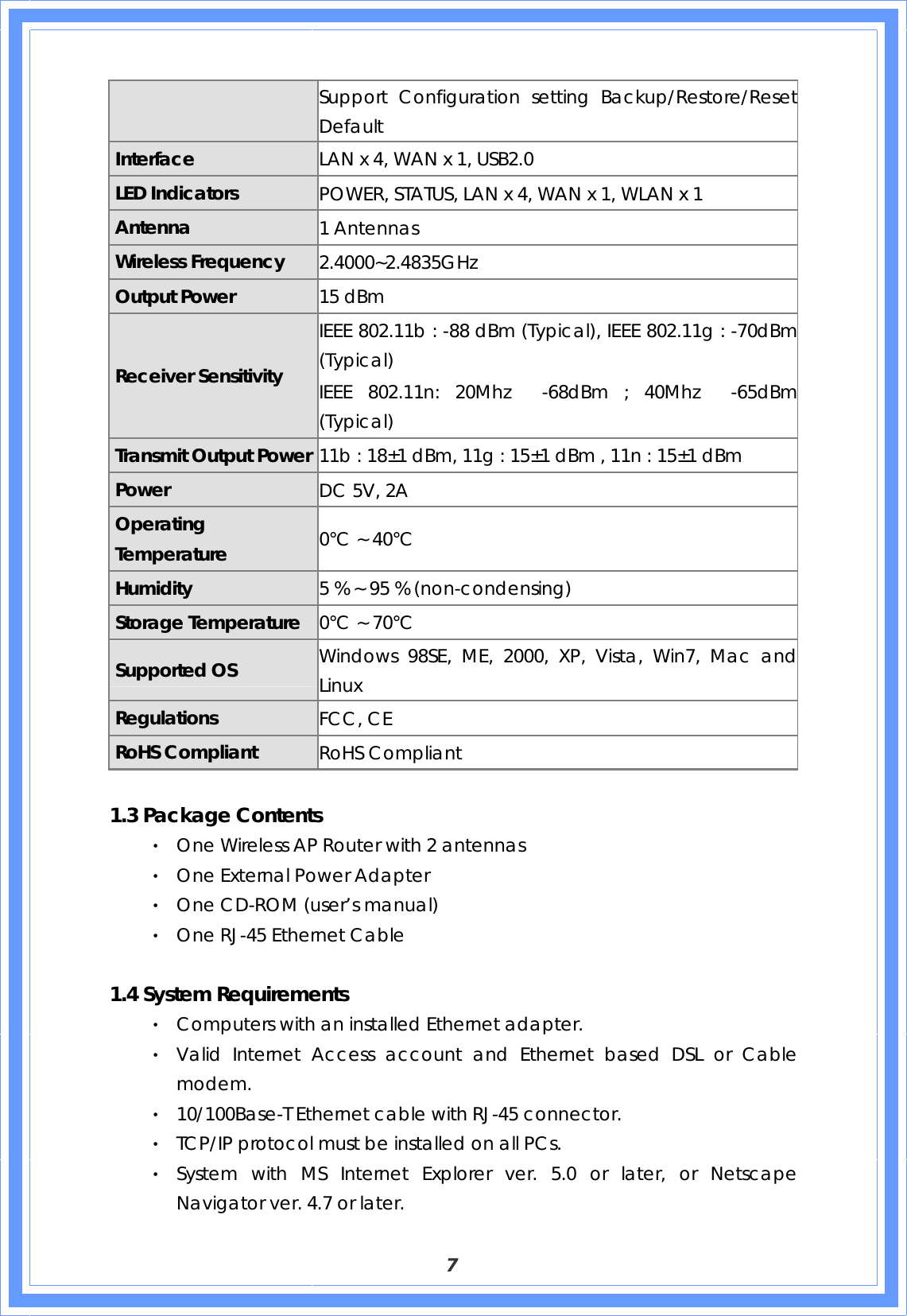  7 Support Configuration setting Backup/Restore/Reset Default Interface  LAN x 4, WAN x 1, USB2.0 LED Indicators    POWER, STATUS, LAN x 4, WAN x 1, WLAN x 1 Antenna  1 Antennas Wireless Frequency    2.4000~2.4835GHz Output Power  15 dBm Receiver Sensitivity IEEE 802.11b : -88 dBm (Typical), IEEE 802.11g : -70dBm (Typical)  IEEE 802.11n: 20Mhz  -68dBm ; 40Mhz  -65dBm (Typical) Transmit Output Power 11b : 18±1 dBm, 11g : 15±1 dBm , 11n : 15±1 dBm Power   DC 5V, 2A   Operating Temperature  0°C ~ 40°C Humidity   5 % ~ 95 % (non-condensing) Storage Temperature    0°C ~ 70°C Supported OS  Windows 98SE, ME, 2000, XP, Vista, Win7, Mac and Linux Regulations  FCC, CE RoHS Compliant  RoHS Compliant    1.3 Package Contents ‧ One Wireless AP Router with 2 antennas   ‧ One External Power Adapter ‧ One CD-ROM (user’s manual)   ‧ One RJ-45 Ethernet Cable   1.4 System Requirements ‧ Computers with an installed Ethernet adapter. ‧ Valid Internet Access account and Ethernet based DSL or Cable modem. ‧ 10/100Base-T Ethernet cable with RJ-45 connector. ‧ TCP/IP protocol must be installed on all PCs. ‧ System with MS Internet Explorer ver. 5.0 or later, or Netscape Navigator ver. 4.7 or later. 