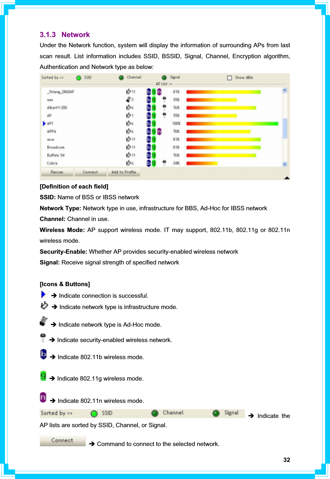 323.1.3 Network Under the Network function, system will display the information of surrounding APs from last scan result. List information includes SSID, BSSID, Signal, Channel, Encryption algorithm, Authentication and Network type as below: [Definition of each field] SSID: Name of BSS or IBSS network Network Type: Network type in use, infrastructure for BBS, Ad-Hoc for IBSS network Channel: Channel in use. Wireless Mode: AP support wireless mode. IT may support, 802.11b, 802.11g or 802.11n wireless mode. Security-Enable: Whether AP provides security-enabled wireless network Signal: Receive signal strength of specified network [Icons &amp; Buttons] Î Indicate connection is successful. Î Indicate network type is infrastructure mode. Î Indicate network type is Ad-Hoc mode. Î Indicate security-enabled wireless network. Î Indicate 802.11b wireless mode. Î Indicate 802.11g wireless mode. Î Indicate 802.11n wireless mode. Î Indicate the AP lists are sorted by SSID, Channel, or Signal. Î Command to connect to the selected network. 