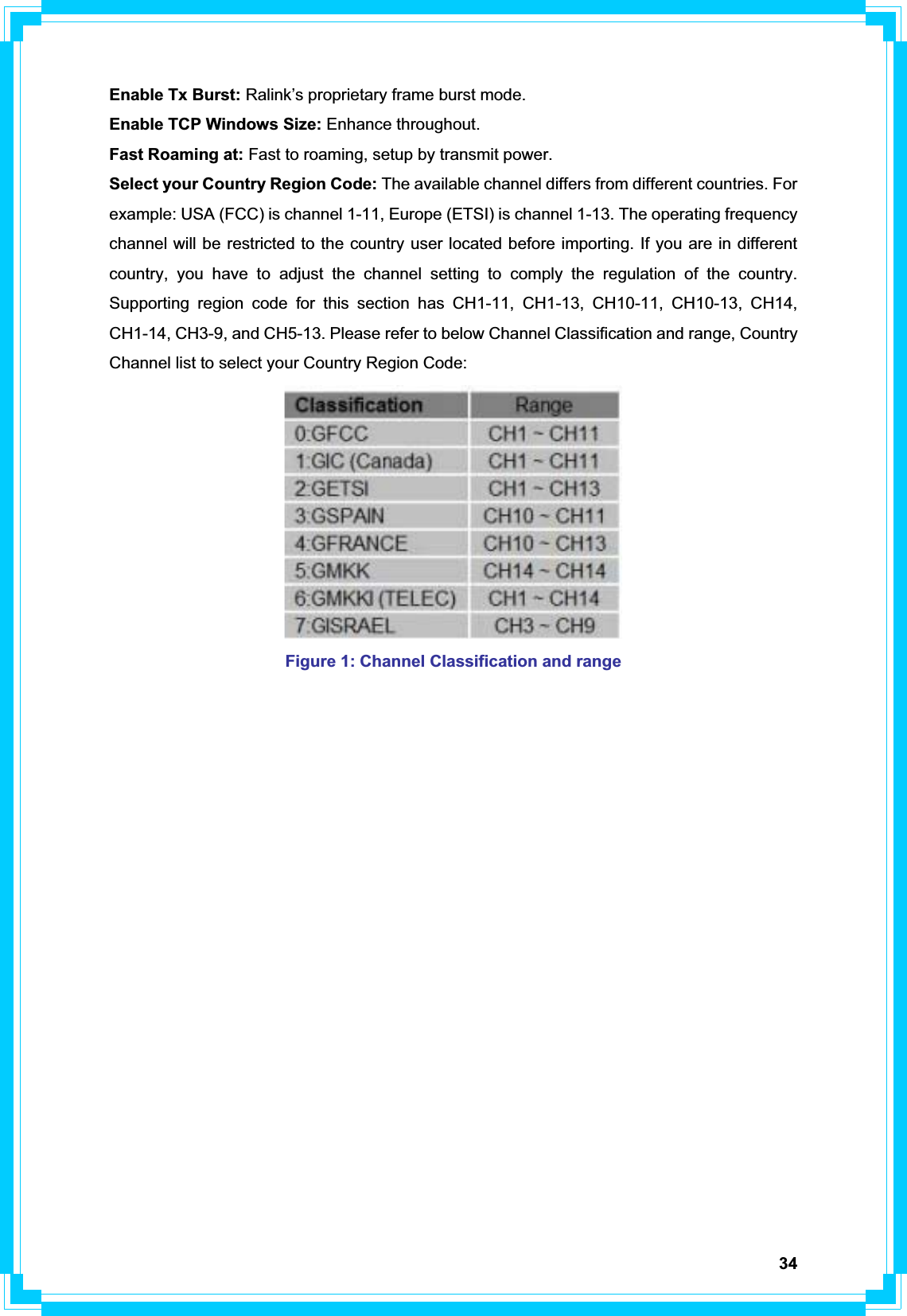 34Enable Tx Burst: Ralink’s proprietary frame burst mode. Enable TCP Windows Size: Enhance throughout. Fast Roaming at: Fast to roaming, setup by transmit power. Select your Country Region Code: The available channel differs from different countries. For example: USA (FCC) is channel 1-11, Europe (ETSI) is channel 1-13. The operating frequency channel will be restricted to the country user located before importing. If you are in different country, you have to adjust the channel setting to comply the regulation of the country. Supporting region code for this section has CH1-11, CH1-13, CH10-11, CH10-13, CH14, CH1-14, CH3-9, and CH5-13. Please refer to below Channel Classification and range, Country Channel list to select your Country Region Code: Figure 1: Channel Classification and range 