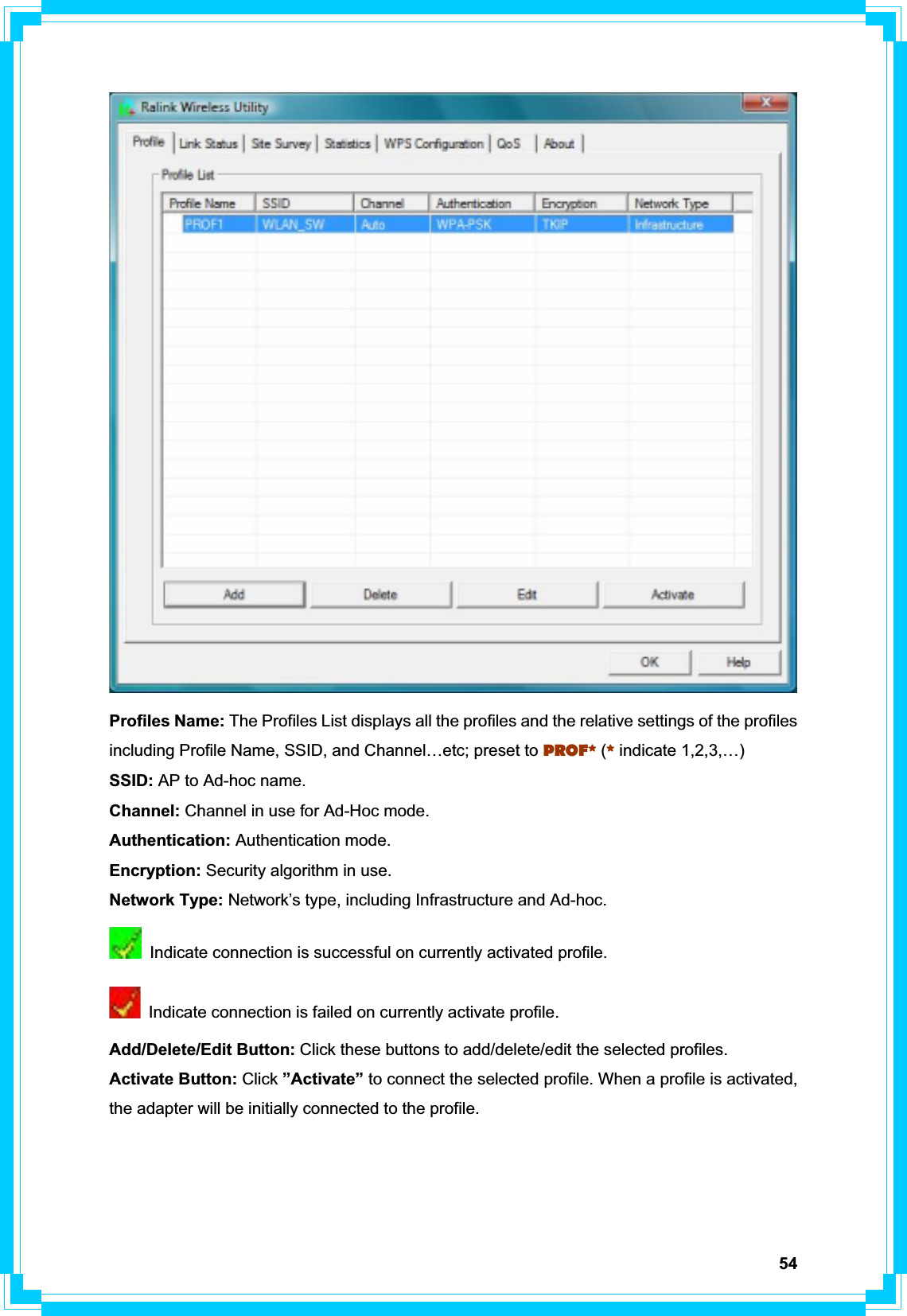 54Profiles Name: The Profiles List displays all the profiles and the relative settings of the profiles including Profile Name, SSID, and Channel…etc; preset to PROF* (* indicate 1,2,3,…) SSID: AP to Ad-hoc name. Channel: Channel in use for Ad-Hoc mode. Authentication: Authentication mode. Encryption: Security algorithm in use. Network Type: Network’s type, including Infrastructure and Ad-hoc.   Indicate connection is successful on currently activated profile.   Indicate connection is failed on currently activate profile. Add/Delete/Edit Button: Click these buttons to add/delete/edit the selected profiles. Activate Button: Click ”Activate” to connect the selected profile. When a profile is activated, the adapter will be initially connected to the profile. 