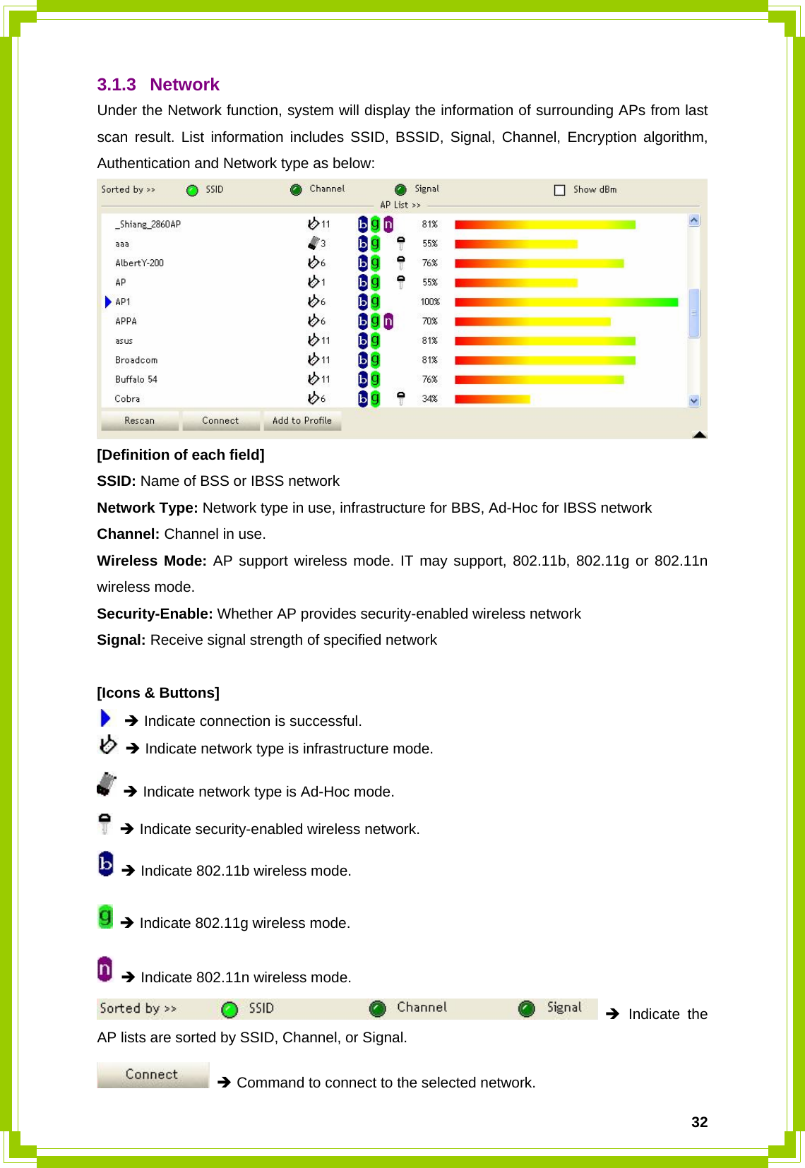  323.1.3 Network Under the Network function, system will display the information of surrounding APs from last scan result. List information includes SSID, BSSID, Signal, Channel, Encryption algorithm, Authentication and Network type as below:  [Definition of each field] SSID: Name of BSS or IBSS network Network Type: Network type in use, infrastructure for BBS, Ad-Hoc for IBSS network Channel: Channel in use. Wireless Mode: AP support wireless mode. IT may support, 802.11b, 802.11g or 802.11n wireless mode. Security-Enable: Whether AP provides security-enabled wireless network Signal: Receive signal strength of specified network  [Icons &amp; Buttons]  Î Indicate connection is successful.  Î Indicate network type is infrastructure mode.  Î Indicate network type is Ad-Hoc mode.  Î Indicate security-enabled wireless network.  Î Indicate 802.11b wireless mode.  Î Indicate 802.11g wireless mode.  Î Indicate 802.11n wireless mode.  Î Indicate the AP lists are sorted by SSID, Channel, or Signal.  Î Command to connect to the selected network. 