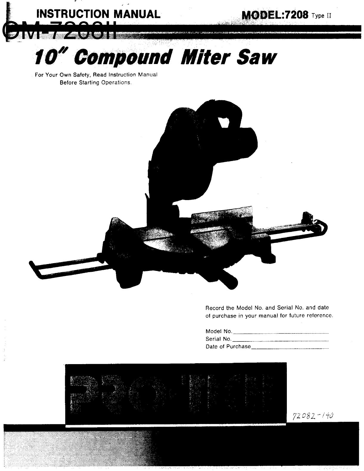 Pro Tech 7208 TYPE 2 User Manual COMPOUND MITER SAW Manuals And Guides