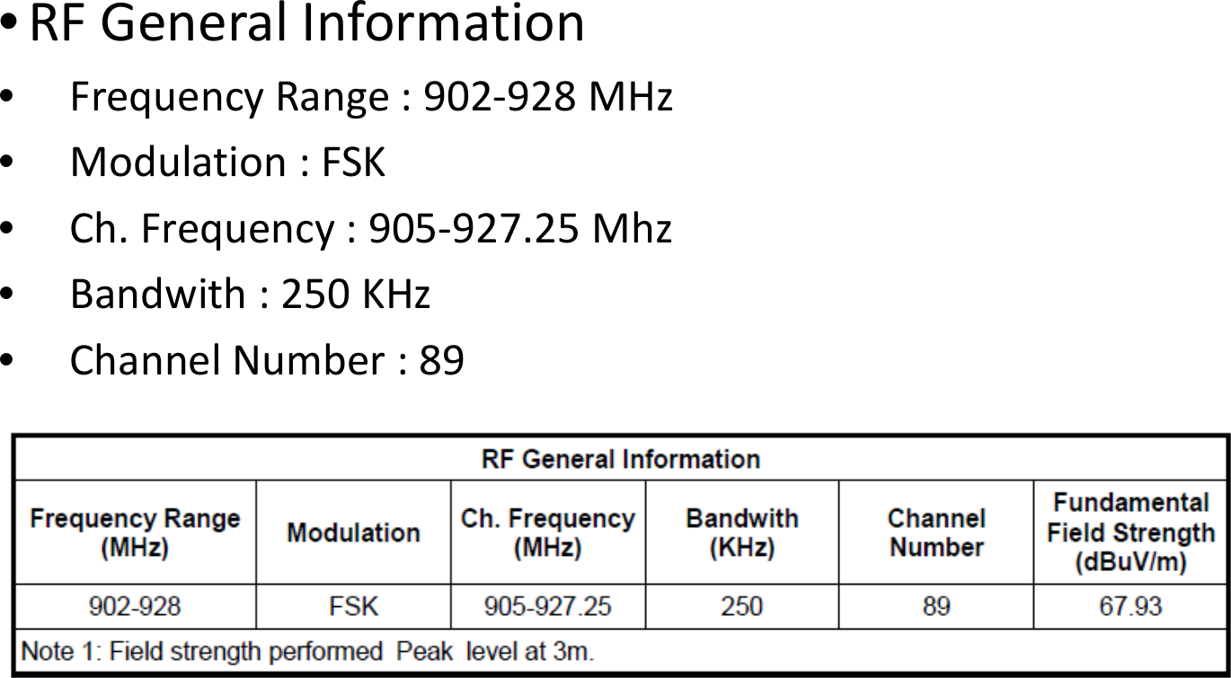 &bull;RFGeneralInformation&bull;FrequencyRange:902‐928MHz&bull;Modulation:FSK&bull;Ch.Frequency:905‐927.25Mhz&bull;Bandwith :250KHz&bull;ChannelNumber:89