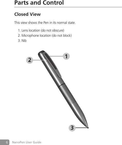 6NanoPen User GuideParts and ControlClosed ViewThis view shows the Pen in its normal state. Lens location (do not obscure)1. Microphone location (do not block)2. Nib3. 213