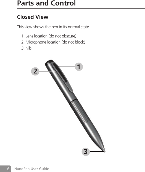 6NanoPen User GuideParts and ControlClosed ViewThis view shows the pen in its normal state. Lens location (do not obscure)1. Microphone location (do not block)2. Nib3. 213