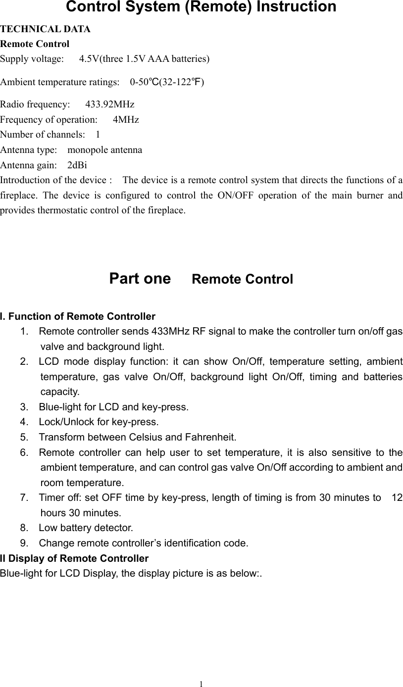 ProCom Electric Appliances 0711RG01-1T Fireplace Remote Controller User ...