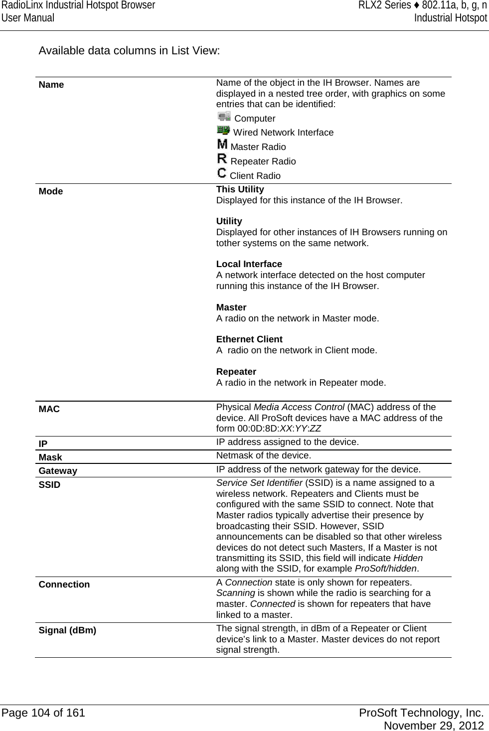 RadioLinx Industrial Hotspot Browser RLX2 Series ♦ 802.11a, b, g, n User Manual Industrial Hotspot    Available data columns in List View:  Name Name of the object in the IH Browser. Names are displayed in a nested tree order, with graphics on some entries that can be identified:  Computer  Wired Network Interface  Master Radio  Repeater Radio  Client Radio Mode This Utility Displayed for this instance of the IH Browser.  Utility Displayed for other instances of IH Browsers running on tother systems on the same network.  Local Interface A network interface detected on the host computer running this instance of the IH Browser.  Master A radio on the network in Master mode.  Ethernet Client A  radio on the network in Client mode.  Repeater A radio in the network in Repeater mode.  MAC Physical Media Access Control (MAC) address of the device. All ProSoft devices have a MAC address of the form 00:0D:8D:XX:YY:ZZ IP IP address assigned to the device. Mask Netmask of the device. Gateway IP address of the network gateway for the device.  SSID Service Set Identifier (SSID) is a name assigned to a wireless network. Repeaters and Clients must be configured with the same SSID to connect. Note that Master radios typically advertise their presence by broadcasting their SSID. However, SSID announcements can be disabled so that other wireless devices do not detect such Masters, If a Master is not transmitting its SSID, this field will indicate Hidden along with the SSID, for example ProSoft/hidden. Connection A Connection state is only shown for repeaters. Scanning is shown while the radio is searching for a master. Connected is shown for repeaters that have linked to a master.   Signal (dBm) The signal strength, in dBm of a Repeater or Client device’s link to a Master. Master devices do not report signal strength.  Page 104 of 161  ProSoft Technology, Inc.  November 29, 2012  