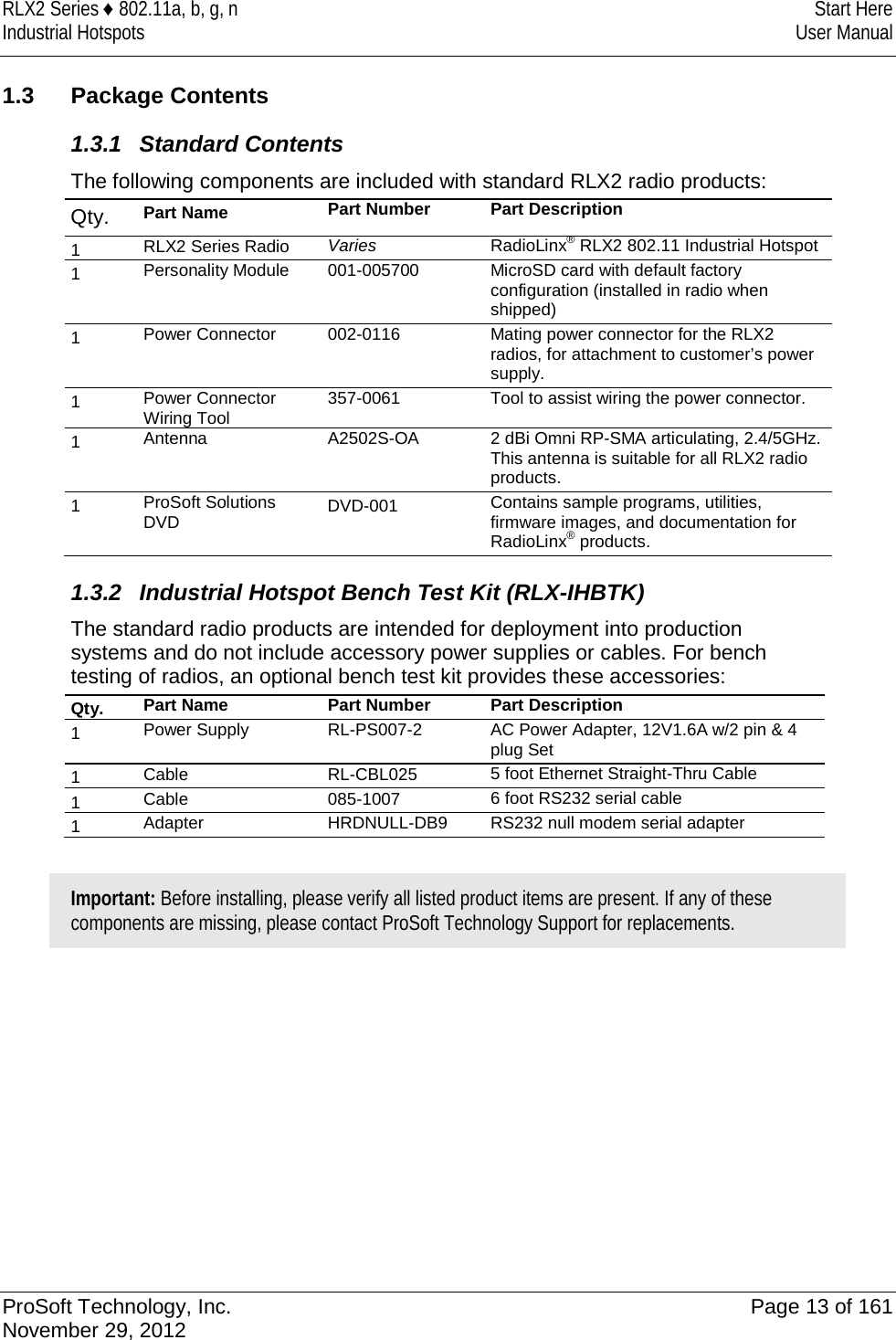 RLX2 Series ♦ 802.11a, b, g, n Start Here Industrial Hotspots User Manual   1.3 Package Contents 1.3.1 Standard Contents The following components are included with standard RLX2 radio products: Qty.  Part Name Part Number Part Description 1  RLX2 Series Radio Varies RadioLinx® RLX2 802.11 Industrial Hotspot 1 Personality Module 001-005700 MicroSD card with default factory configuration (installed in radio when shipped) 1 Power Connector 002-0116 Mating power connector for the RLX2 radios, for attachment to customer’s power supply. 1 Power Connector Wiring Tool 357-0061 Tool to assist wiring the power connector. 1 Antenna A2502S-OA 2 dBi Omni RP-SMA articulating, 2.4/5GHz. This antenna is suitable for all RLX2 radio products. 1   ProSoft Solutions DVD DVD-001 Contains sample programs, utilities, firmware images, and documentation for RadioLinx® products.  1.3.2 Industrial Hotspot Bench Test Kit (RLX-IHBTK) The standard radio products are intended for deployment into production systems and do not include accessory power supplies or cables. For bench testing of radios, an optional bench test kit provides these accessories: Qty.  Part Name Part Number Part Description 1  Power Supply RL-PS007-2 AC Power Adapter, 12V1.6A w/2 pin &amp; 4 plug Set 1 Cable RL-CBL025 5 foot Ethernet Straight-Thru Cable  1 Cable 085-1007  6 foot RS232 serial cable 1 Adapter HRDNULL-DB9 RS232 null modem serial adapter  Important: Before installing, please verify all listed product items are present. If any of these components are missing, please contact ProSoft Technology Support for replacements.   ProSoft Technology, Inc. Page 13 of 161 November 29, 2012  