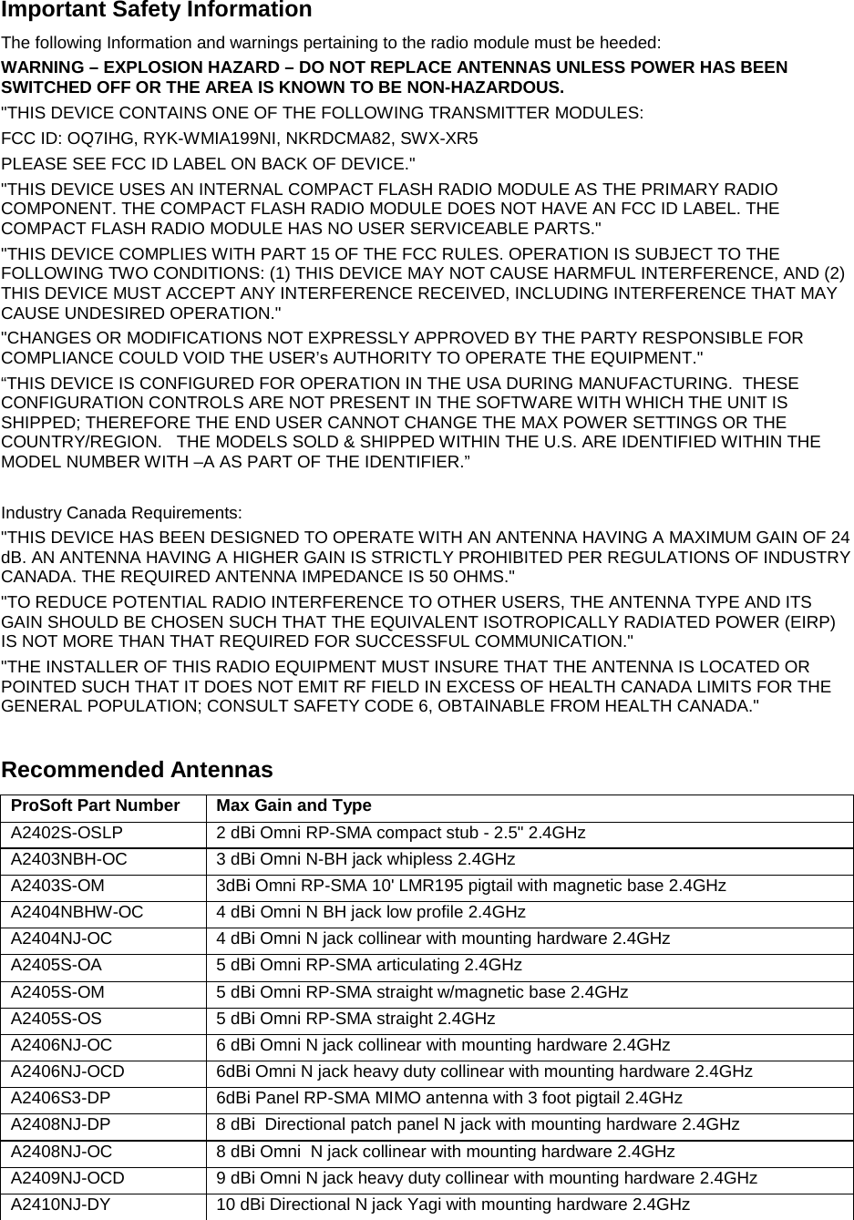    Important Safety Information The following Information and warnings pertaining to the radio module must be heeded: WARNING – EXPLOSION HAZARD – DO NOT REPLACE ANTENNAS UNLESS POWER HAS BEEN SWITCHED OFF OR THE AREA IS KNOWN TO BE NON-HAZARDOUS. &quot;THIS DEVICE CONTAINS ONE OF THE FOLLOWING TRANSMITTER MODULES: FCC ID: OQ7IHG, RYK-WMIA199NI, NKRDCMA82, SWX-XR5 PLEASE SEE FCC ID LABEL ON BACK OF DEVICE.&quot; &quot;THIS DEVICE USES AN INTERNAL COMPACT FLASH RADIO MODULE AS THE PRIMARY RADIO COMPONENT. THE COMPACT FLASH RADIO MODULE DOES NOT HAVE AN FCC ID LABEL. THE COMPACT FLASH RADIO MODULE HAS NO USER SERVICEABLE PARTS.&quot; &quot;THIS DEVICE COMPLIES WITH PART 15 OF THE FCC RULES. OPERATION IS SUBJECT TO THE FOLLOWING TWO CONDITIONS: (1) THIS DEVICE MAY NOT CAUSE HARMFUL INTERFERENCE, AND (2) THIS DEVICE MUST ACCEPT ANY INTERFERENCE RECEIVED, INCLUDING INTERFERENCE THAT MAY CAUSE UNDESIRED OPERATION.&quot; &quot;CHANGES OR MODIFICATIONS NOT EXPRESSLY APPROVED BY THE PARTY RESPONSIBLE FOR COMPLIANCE COULD VOID THE USER’s AUTHORITY TO OPERATE THE EQUIPMENT.&quot; “THIS DEVICE IS CONFIGURED FOR OPERATION IN THE USA DURING MANUFACTURING.  THESE CONFIGURATION CONTROLS ARE NOT PRESENT IN THE SOFTWARE WITH WHICH THE UNIT IS SHIPPED; THEREFORE THE END USER CANNOT CHANGE THE MAX POWER SETTINGS OR THE COUNTRY/REGION.   THE MODELS SOLD &amp; SHIPPED WITHIN THE U.S. ARE IDENTIFIED WITHIN THE MODEL NUMBER WITH –A AS PART OF THE IDENTIFIER.”  Industry Canada Requirements: &quot;THIS DEVICE HAS BEEN DESIGNED TO OPERATE WITH AN ANTENNA HAVING A MAXIMUM GAIN OF 24 dB. AN ANTENNA HAVING A HIGHER GAIN IS STRICTLY PROHIBITED PER REGULATIONS OF INDUSTRY CANADA. THE REQUIRED ANTENNA IMPEDANCE IS 50 OHMS.&quot; &quot;TO REDUCE POTENTIAL RADIO INTERFERENCE TO OTHER USERS, THE ANTENNA TYPE AND ITS GAIN SHOULD BE CHOSEN SUCH THAT THE EQUIVALENT ISOTROPICALLY RADIATED POWER (EIRP) IS NOT MORE THAN THAT REQUIRED FOR SUCCESSFUL COMMUNICATION.&quot; &quot;THE INSTALLER OF THIS RADIO EQUIPMENT MUST INSURE THAT THE ANTENNA IS LOCATED OR POINTED SUCH THAT IT DOES NOT EMIT RF FIELD IN EXCESS OF HEALTH CANADA LIMITS FOR THE GENERAL POPULATION; CONSULT SAFETY CODE 6, OBTAINABLE FROM HEALTH CANADA.&quot;  Recommended Antennas ProSoft Part Number Max Gain and Type A2402S-OSLP 2 dBi Omni RP-SMA compact stub - 2.5&quot; 2.4GHz A2403NBH-OC 3 dBi Omni N-BH jack whipless 2.4GHz A2403S-OM 3dBi Omni RP-SMA 10&apos; LMR195 pigtail with magnetic base 2.4GHz A2404NBHW-OC 4 dBi Omni N BH jack low profile 2.4GHz A2404NJ-OC 4 dBi Omni N jack collinear with mounting hardware 2.4GHz A2405S-OA 5 dBi Omni RP-SMA articulating 2.4GHz A2405S-OM 5 dBi Omni RP-SMA straight w/magnetic base 2.4GHz A2405S-OS 5 dBi Omni RP-SMA straight 2.4GHz A2406NJ-OC 6 dBi Omni N jack collinear with mounting hardware 2.4GHz A2406NJ-OCD 6dBi Omni N jack heavy duty collinear with mounting hardware 2.4GHz A2406S3-DP 6dBi Panel RP-SMA MIMO antenna with 3 foot pigtail 2.4GHz A2408NJ-DP 8 dBi  Directional patch panel N jack with mounting hardware 2.4GHz A2408NJ-OC 8 dBi Omni  N jack collinear with mounting hardware 2.4GHz A2409NJ-OCD 9 dBi Omni N jack heavy duty collinear with mounting hardware 2.4GHz A2410NJ-DY 10 dBi Directional N jack Yagi with mounting hardware 2.4GHz  