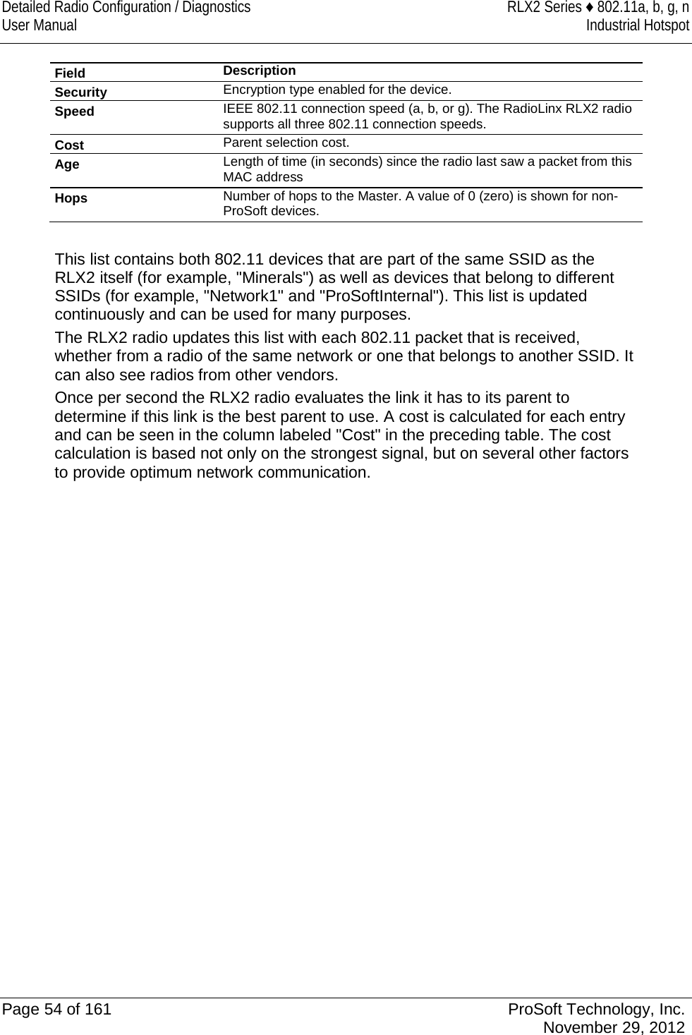 Detailed Radio Configuration / Diagnostics RLX2 Series ♦ 802.11a, b, g, n User Manual Industrial Hotspot    Field Description Security Encryption type enabled for the device. Speed IEEE 802.11 connection speed (a, b, or g). The RadioLinx RLX2 radio supports all three 802.11 connection speeds.  Cost Parent selection cost. Age Length of time (in seconds) since the radio last saw a packet from this MAC address Hops Number of hops to the Master. A value of 0 (zero) is shown for non-ProSoft devices.  This list contains both 802.11 devices that are part of the same SSID as the RLX2 itself (for example, &quot;Minerals&quot;) as well as devices that belong to different SSIDs (for example, &quot;Network1&quot; and &quot;ProSoftInternal&quot;). This list is updated continuously and can be used for many purposes. The RLX2 radio updates this list with each 802.11 packet that is received, whether from a radio of the same network or one that belongs to another SSID. It can also see radios from other vendors. Once per second the RLX2 radio evaluates the link it has to its parent to determine if this link is the best parent to use. A cost is calculated for each entry and can be seen in the column labeled &quot;Cost&quot; in the preceding table. The cost calculation is based not only on the strongest signal, but on several other factors to provide optimum network communication.   Page 54 of 161 ProSoft Technology, Inc.  November 29, 2012  