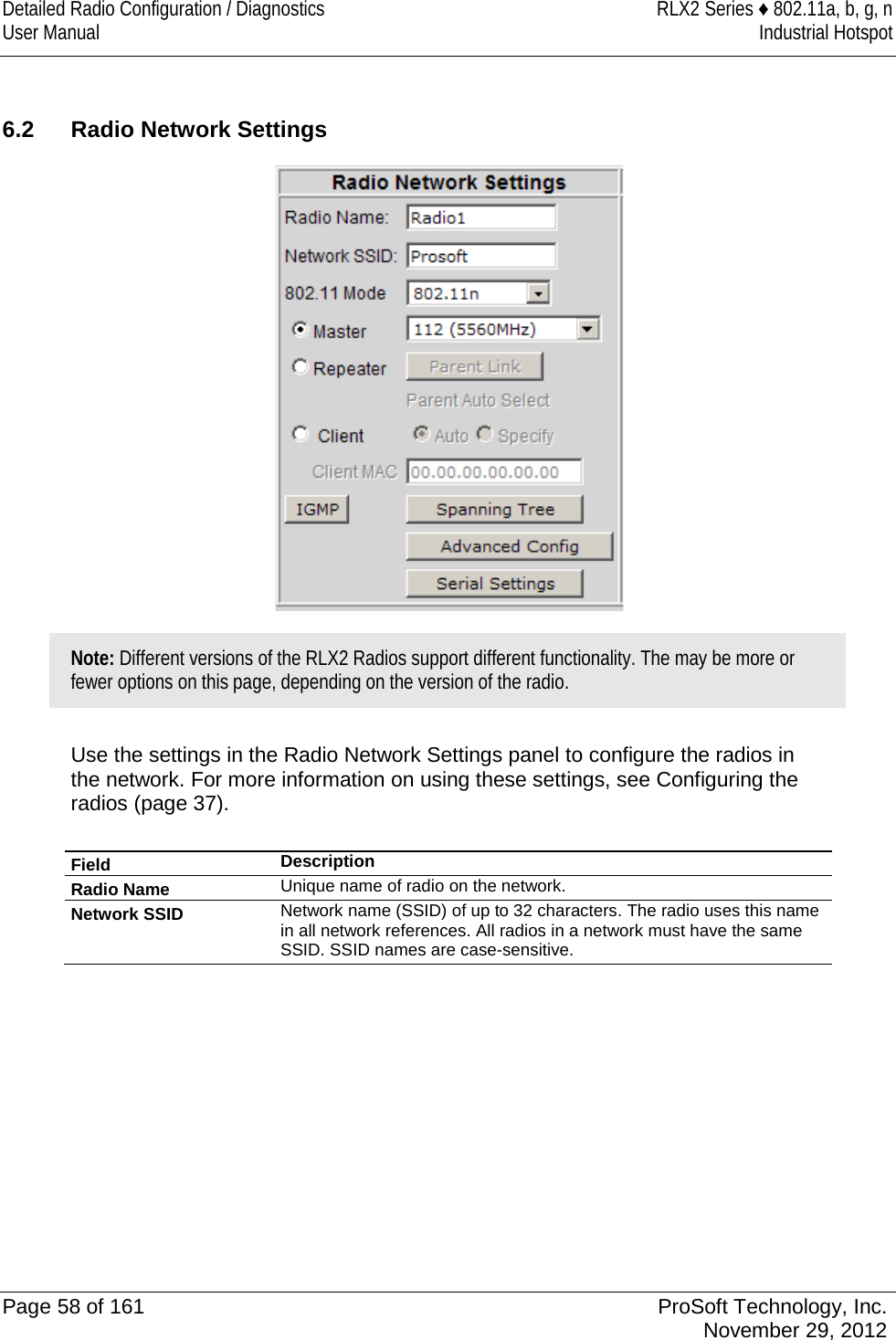 Detailed Radio Configuration / Diagnostics RLX2 Series ♦ 802.11a, b, g, n User Manual Industrial Hotspot     6.2 Radio Network Settings  Note: Different versions of the RLX2 Radios support different functionality. The may be more or fewer options on this page, depending on the version of the radio.  Use the settings in the Radio Network Settings panel to configure the radios in the network. For more information on using these settings, see Configuring the radios (page 37).  Field Description Radio Name Unique name of radio on the network. Network SSID Network name (SSID) of up to 32 characters. The radio uses this name in all network references. All radios in a network must have the same SSID. SSID names are case-sensitive.  Page 58 of 161 ProSoft Technology, Inc.  November 29, 2012  