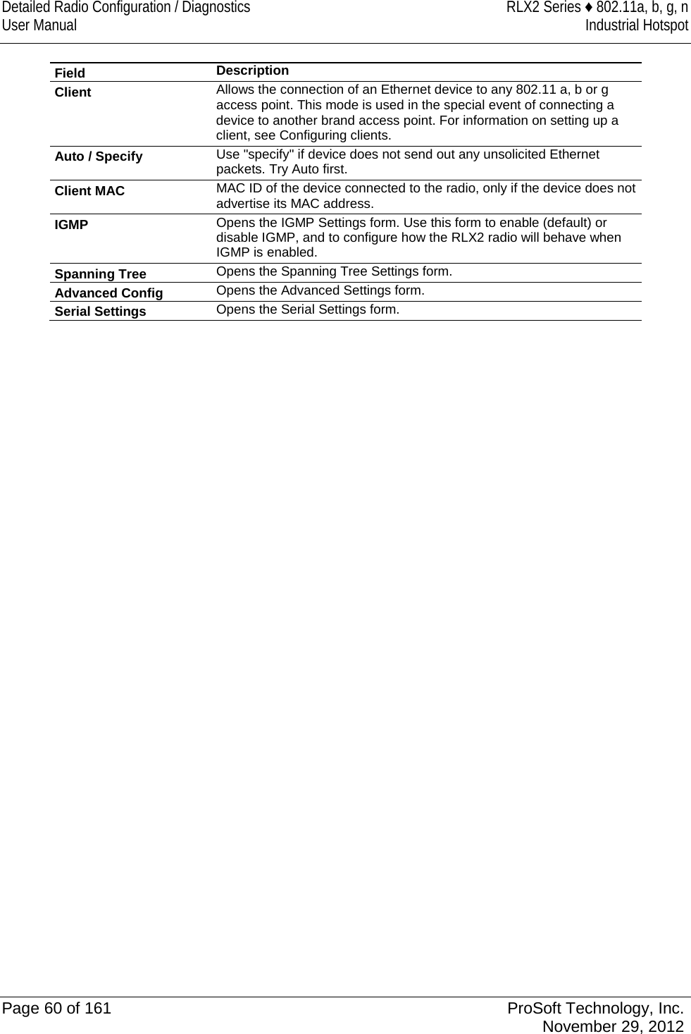 Detailed Radio Configuration / Diagnostics RLX2 Series ♦ 802.11a, b, g, n User Manual Industrial Hotspot    Field Description Client Allows the connection of an Ethernet device to any 802.11 a, b or g access point. This mode is used in the special event of connecting a device to another brand access point. For information on setting up a client, see Configuring clients. Auto / Specify Use &quot;specify&quot; if device does not send out any unsolicited Ethernet packets. Try Auto first. Client MAC MAC ID of the device connected to the radio, only if the device does not advertise its MAC address. IGMP Opens the IGMP Settings form. Use this form to enable (default) or disable IGMP, and to configure how the RLX2 radio will behave when IGMP is enabled. Spanning Tree Opens the Spanning Tree Settings form.  Advanced Config Opens the Advanced Settings form.  Serial Settings Opens the Serial Settings form.    Page 60 of 161 ProSoft Technology, Inc.  November 29, 2012  