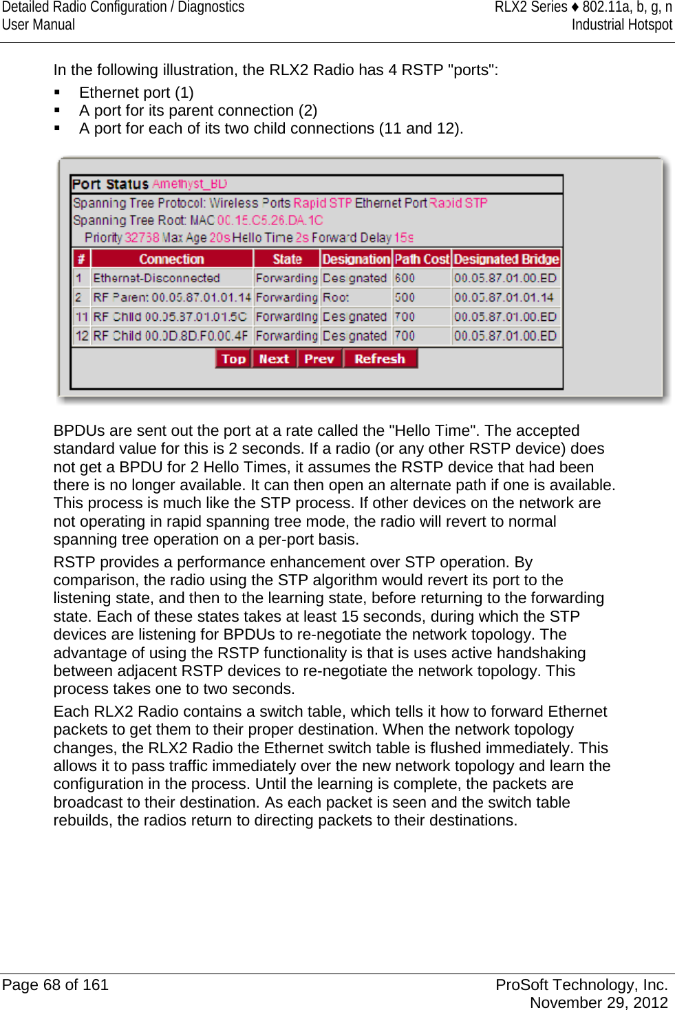 Detailed Radio Configuration / Diagnostics RLX2 Series ♦ 802.11a, b, g, n User Manual Industrial Hotspot    In the following illustration, the RLX2 Radio has 4 RSTP &quot;ports&quot;:  Ethernet port (1)  A port for its parent connection (2)  A port for each of its two child connections (11 and 12).  BPDUs are sent out the port at a rate called the &quot;Hello Time&quot;. The accepted standard value for this is 2 seconds. If a radio (or any other RSTP device) does not get a BPDU for 2 Hello Times, it assumes the RSTP device that had been there is no longer available. It can then open an alternate path if one is available. This process is much like the STP process. If other devices on the network are not operating in rapid spanning tree mode, the radio will revert to normal spanning tree operation on a per-port basis. RSTP provides a performance enhancement over STP operation. By comparison, the radio using the STP algorithm would revert its port to the listening state, and then to the learning state, before returning to the forwarding state. Each of these states takes at least 15 seconds, during which the STP devices are listening for BPDUs to re-negotiate the network topology. The advantage of using the RSTP functionality is that is uses active handshaking between adjacent RSTP devices to re-negotiate the network topology. This process takes one to two seconds. Each RLX2 Radio contains a switch table, which tells it how to forward Ethernet packets to get them to their proper destination. When the network topology changes, the RLX2 Radio the Ethernet switch table is flushed immediately. This allows it to pass traffic immediately over the new network topology and learn the configuration in the process. Until the learning is complete, the packets are broadcast to their destination. As each packet is seen and the switch table rebuilds, the radios return to directing packets to their destinations.   Page 68 of 161 ProSoft Technology, Inc.  November 29, 2012  