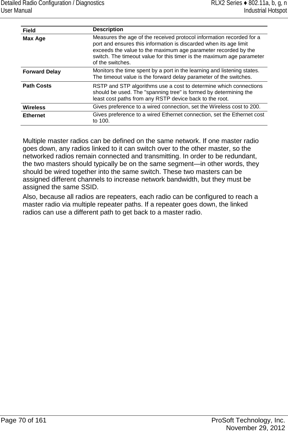 Detailed Radio Configuration / Diagnostics RLX2 Series ♦ 802.11a, b, g, n User Manual Industrial Hotspot    Field Description Max Age Measures the age of the received protocol information recorded for a port and ensures this information is discarded when its age limit exceeds the value to the maximum age parameter recorded by the switch. The timeout value for this timer is the maximum age parameter of the switches. Forward Delay Monitors the time spent by a port in the learning and listening states. The timeout value is the forward delay parameter of the switches. Path Costs RSTP and STP algorithms use a cost to determine which connections should be used. The &quot;spanning tree&quot; is formed by determining the least cost paths from any RSTP device back to the root.  Wireless  Gives preference to a wired connection, set the Wireless cost to 200.  Ethernet Gives preference to a wired Ethernet connection, set the Ethernet cost to 100.   Multiple master radios can be defined on the same network. If one master radio goes down, any radios linked to it can switch over to the other master, so the networked radios remain connected and transmitting. In order to be redundant, the two masters should typically be on the same segment—in other words, they should be wired together into the same switch. These two masters can be assigned different channels to increase network bandwidth, but they must be assigned the same SSID. Also, because all radios are repeaters, each radio can be configured to reach a master radio via multiple repeater paths. If a repeater goes down, the linked radios can use a different path to get back to a master radio.   Page 70 of 161 ProSoft Technology, Inc.  November 29, 2012  