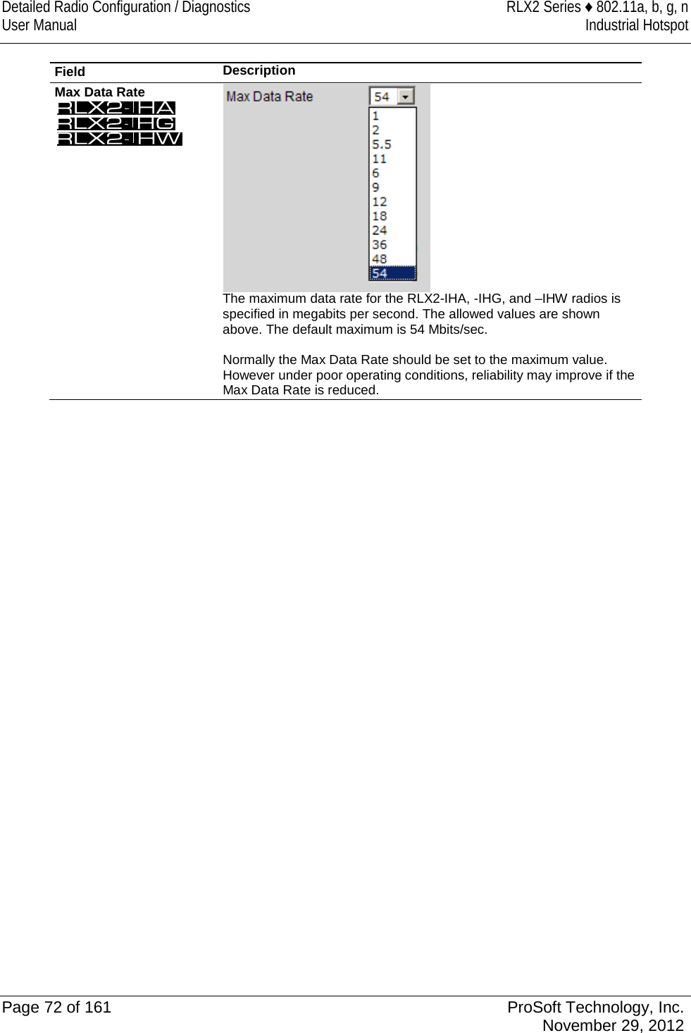 Detailed Radio Configuration / Diagnostics RLX2 Series ♦ 802.11a, b, g, n User Manual Industrial Hotspot    Field Description Max Data Rate     The maximum data rate for the RLX2-IHA, -IHG, and –IHW radios is specified in megabits per second. The allowed values are shown above. The default maximum is 54 Mbits/sec.  Normally the Max Data Rate should be set to the maximum value. However under poor operating conditions, reliability may improve if the Max Data Rate is reduced.  Page 72 of 161 ProSoft Technology, Inc.  November 29, 2012  