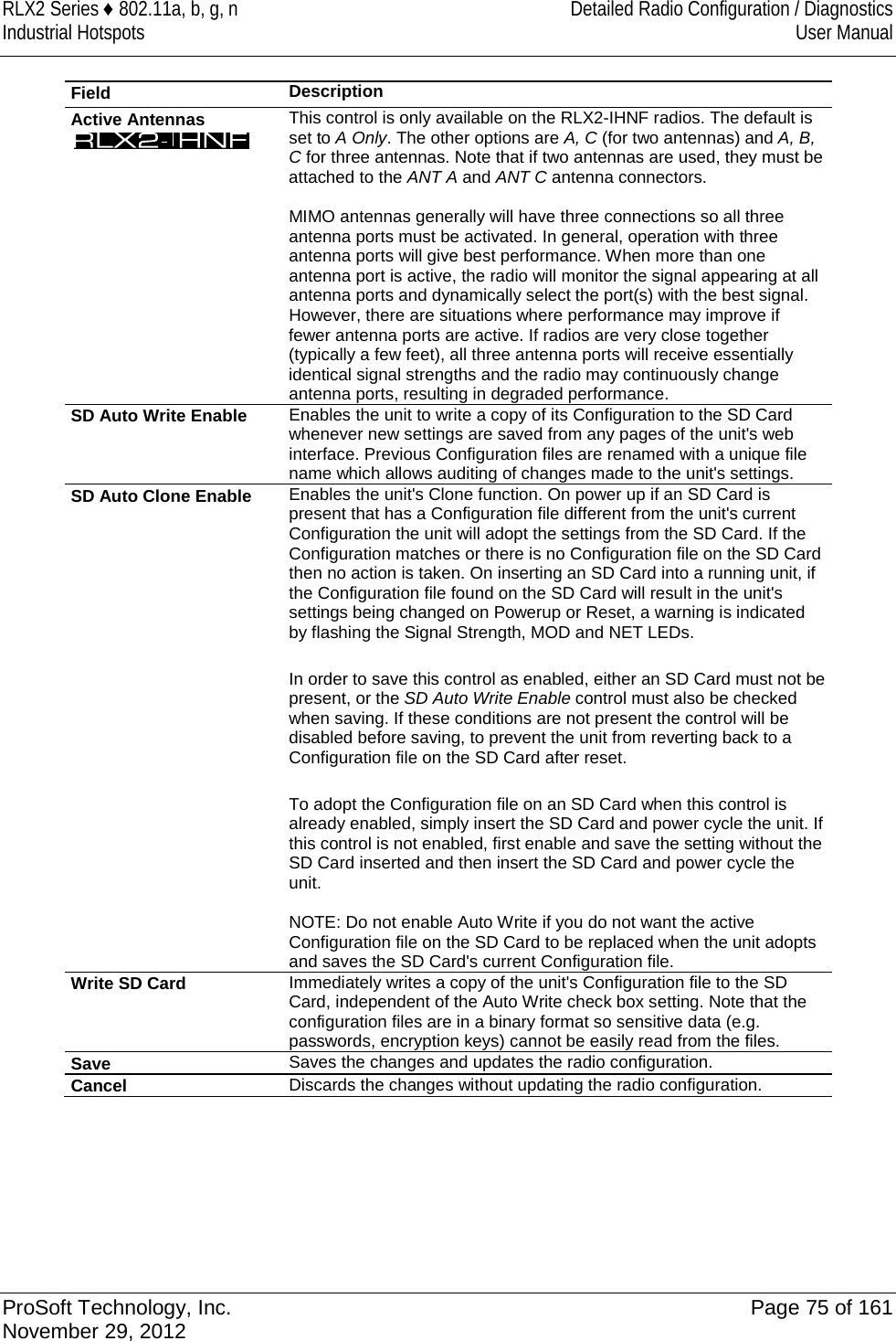 RLX2 Series ♦ 802.11a, b, g, n Detailed Radio Configuration / Diagnostics Industrial Hotspots User Manual  Field Description Active Antennas  This control is only available on the RLX2-IHNF radios. The default is set to A Only. The other options are A, C (for two antennas) and A, B, C for three antennas. Note that if two antennas are used, they must be attached to the ANT A and ANT C antenna connectors.  MIMO antennas generally will have three connections so all three antenna ports must be activated. In general, operation with three antenna ports will give best performance. When more than one antenna port is active, the radio will monitor the signal appearing at all antenna ports and dynamically select the port(s) with the best signal. However, there are situations where performance may improve if fewer antenna ports are active. If radios are very close together (typically a few feet), all three antenna ports will receive essentially identical signal strengths and the radio may continuously change antenna ports, resulting in degraded performance. SD Auto Write Enable Enables the unit to write a copy of its Configuration to the SD Card whenever new settings are saved from any pages of the unit&apos;s web interface. Previous Configuration files are renamed with a unique file name which allows auditing of changes made to the unit&apos;s settings. SD Auto Clone Enable Enables the unit&apos;s Clone function. On power up if an SD Card is present that has a Configuration file different from the unit&apos;s current Configuration the unit will adopt the settings from the SD Card. If the Configuration matches or there is no Configuration file on the SD Card then no action is taken. On inserting an SD Card into a running unit, if the Configuration file found on the SD Card will result in the unit&apos;s settings being changed on Powerup or Reset, a warning is indicated by flashing the Signal Strength, MOD and NET LEDs. In order to save this control as enabled, either an SD Card must not be present, or the SD Auto Write Enable control must also be checked when saving. If these conditions are not present the control will be disabled before saving, to prevent the unit from reverting back to a Configuration file on the SD Card after reset. To adopt the Configuration file on an SD Card when this control is already enabled, simply insert the SD Card and power cycle the unit. If this control is not enabled, first enable and save the setting without the SD Card inserted and then insert the SD Card and power cycle the unit.  NOTE: Do not enable Auto Write if you do not want the active Configuration file on the SD Card to be replaced when the unit adopts and saves the SD Card&apos;s current Configuration file. Write SD Card Immediately writes a copy of the unit&apos;s Configuration file to the SD Card, independent of the Auto Write check box setting. Note that the configuration files are in a binary format so sensitive data (e.g. passwords, encryption keys) cannot be easily read from the files. Save Saves the changes and updates the radio configuration. Cancel Discards the changes without updating the radio configuration.    ProSoft Technology, Inc. Page 75 of 161 November 29, 2012  