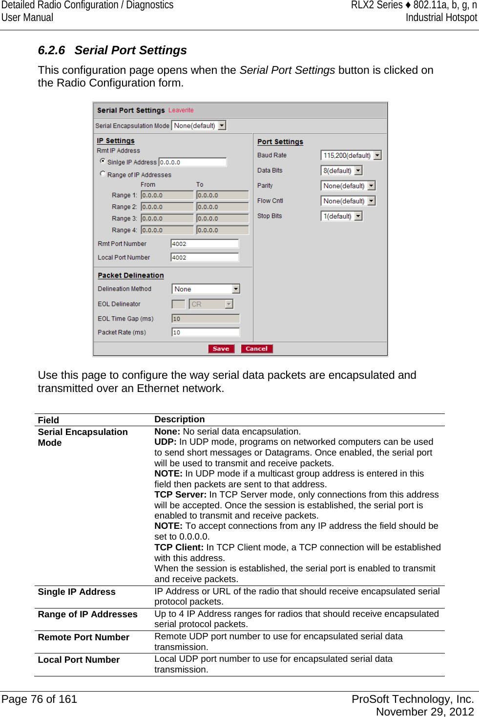 Detailed Radio Configuration / Diagnostics RLX2 Series ♦ 802.11a, b, g, n User Manual Industrial Hotspot    6.2.6 Serial Port Settings This configuration page opens when the Serial Port Settings button is clicked on the Radio Configuration form.  Use this page to configure the way serial data packets are encapsulated and transmitted over an Ethernet network.   Field Description Serial Encapsulation Mode None: No serial data encapsulation. UDP: In UDP mode, programs on networked computers can be used to send short messages or Datagrams. Once enabled, the serial port will be used to transmit and receive packets. NOTE: In UDP mode if a multicast group address is entered in this field then packets are sent to that address. TCP Server: In TCP Server mode, only connections from this address will be accepted. Once the session is established, the serial port is enabled to transmit and receive packets. NOTE: To accept connections from any IP address the field should be set to 0.0.0.0. TCP Client: In TCP Client mode, a TCP connection will be established with this address. When the session is established, the serial port is enabled to transmit and receive packets. Single IP Address IP Address or URL of the radio that should receive encapsulated serial protocol packets.  Range of IP Addresses Up to 4 IP Address ranges for radios that should receive encapsulated serial protocol packets.  Remote Port Number Remote UDP port number to use for encapsulated serial data transmission. Local Port Number Local UDP port number to use for encapsulated serial data transmission.  Page 76 of 161 ProSoft Technology, Inc.  November 29, 2012  