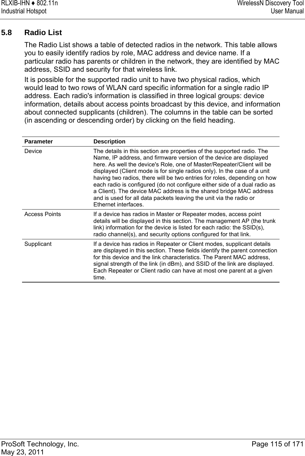 RLXIB-IHN ♦ 802.11n  WirelessN Discovery Tool Industrial Hotspot   User Manual   ProSoft Technology, Inc.  Page 115 of 171 May 23, 2011   5.8 Radio List The Radio List shows a table of detected radios in the network. This table allows you to easily identify radios by role, MAC address and device name. If a particular radio has parents or children in the network, they are identified by MAC address, SSID and security for that wireless link. It is possible for the supported radio unit to have two physical radios, which would lead to two rows of WLAN card specific information for a single radio IP address. Each radio&apos;s information is classified in three logical groups: device information, details about access points broadcast by this device, and information about connected supplicants (children). The columns in the table can be sorted (in ascending or descending order) by clicking on the field heading.  Parameter Description Device  The details in this section are properties of the supported radio. The Name, IP address, and firmware version of the device are displayed here. As well the device&apos;s Role, one of Master/Repeater/Client will be displayed (Client mode is for single radios only). In the case of a unit having two radios, there will be two entries for roles, depending on how each radio is configured (do not configure either side of a dual radio as a Client). The device MAC address is the shared bridge MAC address and is used for all data packets leaving the unit via the radio or Ethernet interfaces. Access Points  If a device has radios in Master or Repeater modes, access point details will be displayed in this section. The management AP (the trunk link) information for the device is listed for each radio: the SSID(s), radio channel(s), and security options configured for that link. Supplicant  If a device has radios in Repeater or Client modes, supplicant details are displayed in this section. These fields identify the parent connection for this device and the link characteristics. The Parent MAC address, signal strength of the link (in dBm), and SSID of the link are displayed. Each Repeater or Client radio can have at most one parent at a given time.   