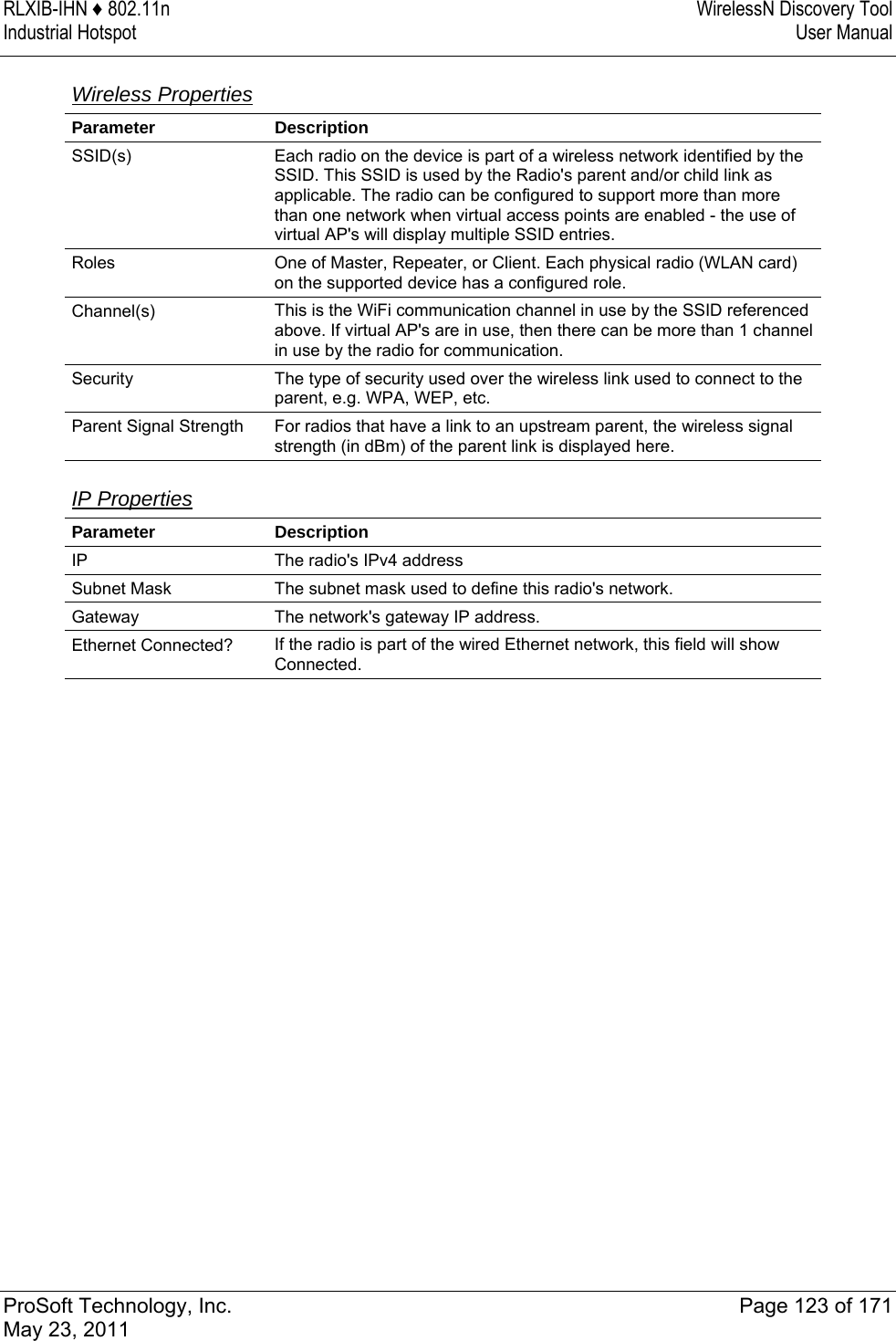 RLXIB-IHN ♦ 802.11n  WirelessN Discovery Tool Industrial Hotspot   User Manual   ProSoft Technology, Inc.  Page 123 of 171 May 23, 2011   Wireless Properties  Parameter Description SSID(s)  Each radio on the device is part of a wireless network identified by the SSID. This SSID is used by the Radio&apos;s parent and/or child link as applicable. The radio can be configured to support more than more than one network when virtual access points are enabled - the use of virtual AP&apos;s will display multiple SSID entries. Roles  One of Master, Repeater, or Client. Each physical radio (WLAN card) on the supported device has a configured role. Channel(s)  This is the WiFi communication channel in use by the SSID referenced above. If virtual AP&apos;s are in use, then there can be more than 1 channel in use by the radio for communication. Security  The type of security used over the wireless link used to connect to the parent, e.g. WPA, WEP, etc. Parent Signal Strength  For radios that have a link to an upstream parent, the wireless signal strength (in dBm) of the parent link is displayed here.   IP Properties  Parameter Description IP  The radio&apos;s IPv4 address Subnet Mask  The subnet mask used to define this radio&apos;s network. Gateway  The network&apos;s gateway IP address. Ethernet Connected?  If the radio is part of the wired Ethernet network, this field will show Connected.   