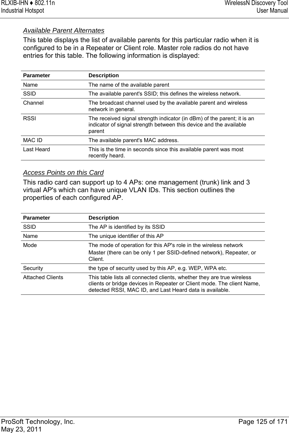 RLXIB-IHN ♦ 802.11n  WirelessN Discovery Tool Industrial Hotspot   User Manual   ProSoft Technology, Inc.  Page 125 of 171 May 23, 2011   Available Parent Alternates This table displays the list of available parents for this particular radio when it is configured to be in a Repeater or Client role. Master role radios do not have entries for this table. The following information is displayed:  Parameter Description Name  The name of the available parent SSID  The available parent&apos;s SSID; this defines the wireless network. Channel  The broadcast channel used by the available parent and wireless network in general. RSSI  The received signal strength indicator (in dBm) of the parent; it is an indicator of signal strength between this device and the available parent MAC ID  The available parent&apos;s MAC address. Last Heard  This is the time in seconds since this available parent was most recently heard.   Access Points on this Card This radio card can support up to 4 APs: one management (trunk) link and 3 virtual AP&apos;s which can have unique VLAN IDs. This section outlines the properties of each configured AP.  Parameter Description SSID  The AP is identified by its SSID Name  The unique identifier of this AP Mode  The mode of operation for this AP&apos;s role in the wireless network Master (there can be only 1 per SSID-defined network), Repeater, or Client. Security  the type of security used by this AP, e.g. WEP, WPA etc. Attached Clients  This table lists all connected clients, whether they are true wireless clients or bridge devices in Repeater or Client mode. The client Name, detected RSSI, MAC ID, and Last Heard data is available.   