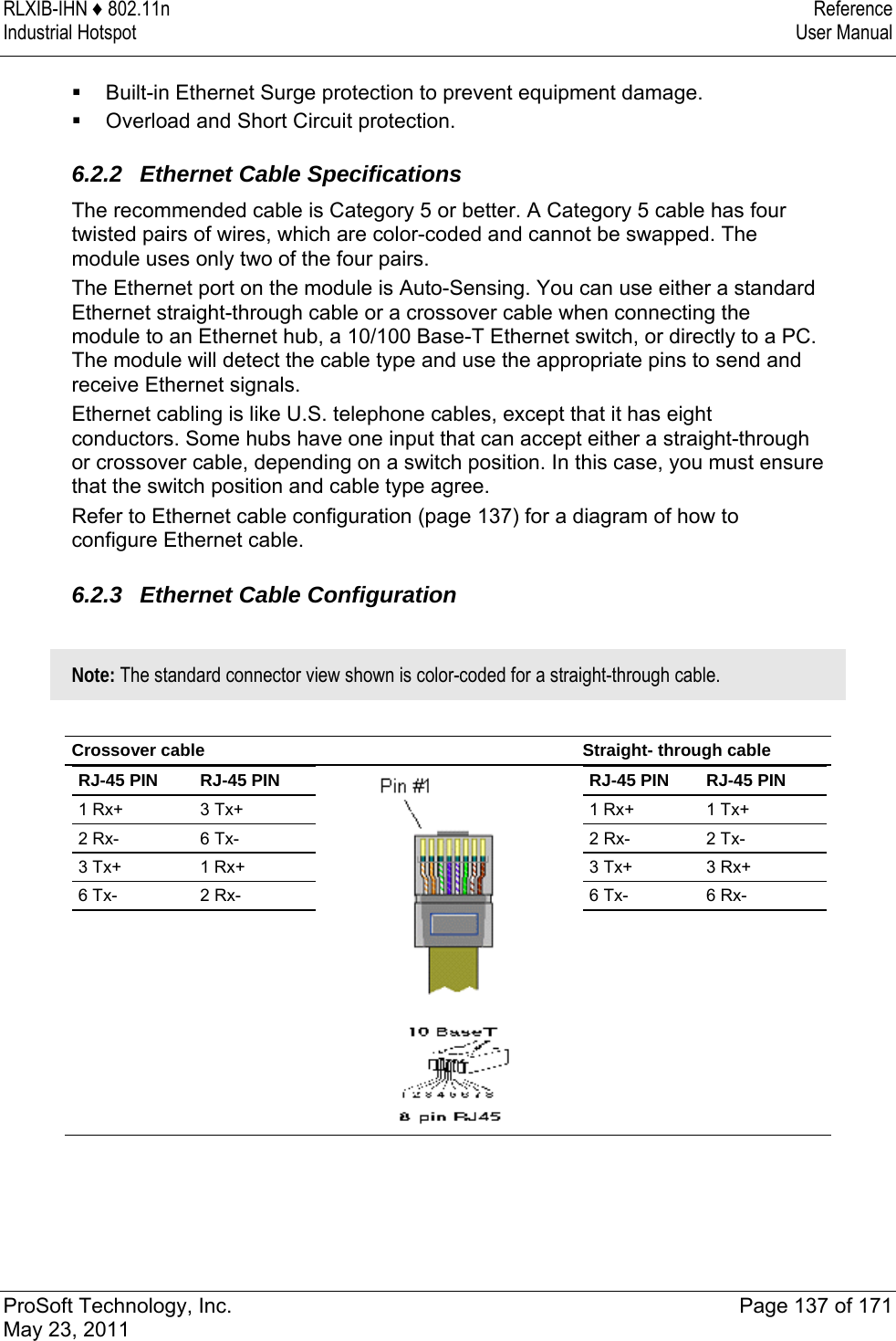 RLXIB-IHN ♦ 802.11n  Reference Industrial Hotspot   User Manual   ProSoft Technology, Inc.  Page 137 of 171 May 23, 2011   Built-in Ethernet Surge protection to prevent equipment damage.  Overload and Short Circuit protection.  6.2.2 Ethernet Cable Specifications The recommended cable is Category 5 or better. A Category 5 cable has four twisted pairs of wires, which are color-coded and cannot be swapped. The module uses only two of the four pairs.  The Ethernet port on the module is Auto-Sensing. You can use either a standard Ethernet straight-through cable or a crossover cable when connecting the module to an Ethernet hub, a 10/100 Base-T Ethernet switch, or directly to a PC. The module will detect the cable type and use the appropriate pins to send and receive Ethernet signals. Ethernet cabling is like U.S. telephone cables, except that it has eight conductors. Some hubs have one input that can accept either a straight-through or crossover cable, depending on a switch position. In this case, you must ensure that the switch position and cable type agree. Refer to Ethernet cable configuration (page 137) for a diagram of how to configure Ethernet cable.  6.2.3 Ethernet Cable Configuration  Note: The standard connector view shown is color-coded for a straight-through cable.  Crossover cable    Straight- through cable RJ-45 PIN  RJ-45 PIN 1 Rx+  3 Tx+ 2 Rx-  6 Tx- 3 Tx+  1 Rx+ 6 Tx-  2 Rx-   RJ-45 PIN  RJ-45 PIN 1 Rx+  1 Tx+ 2 Rx-  2 Tx- 3 Tx+  3 Rx+ 6 Tx-  6 Rx-    