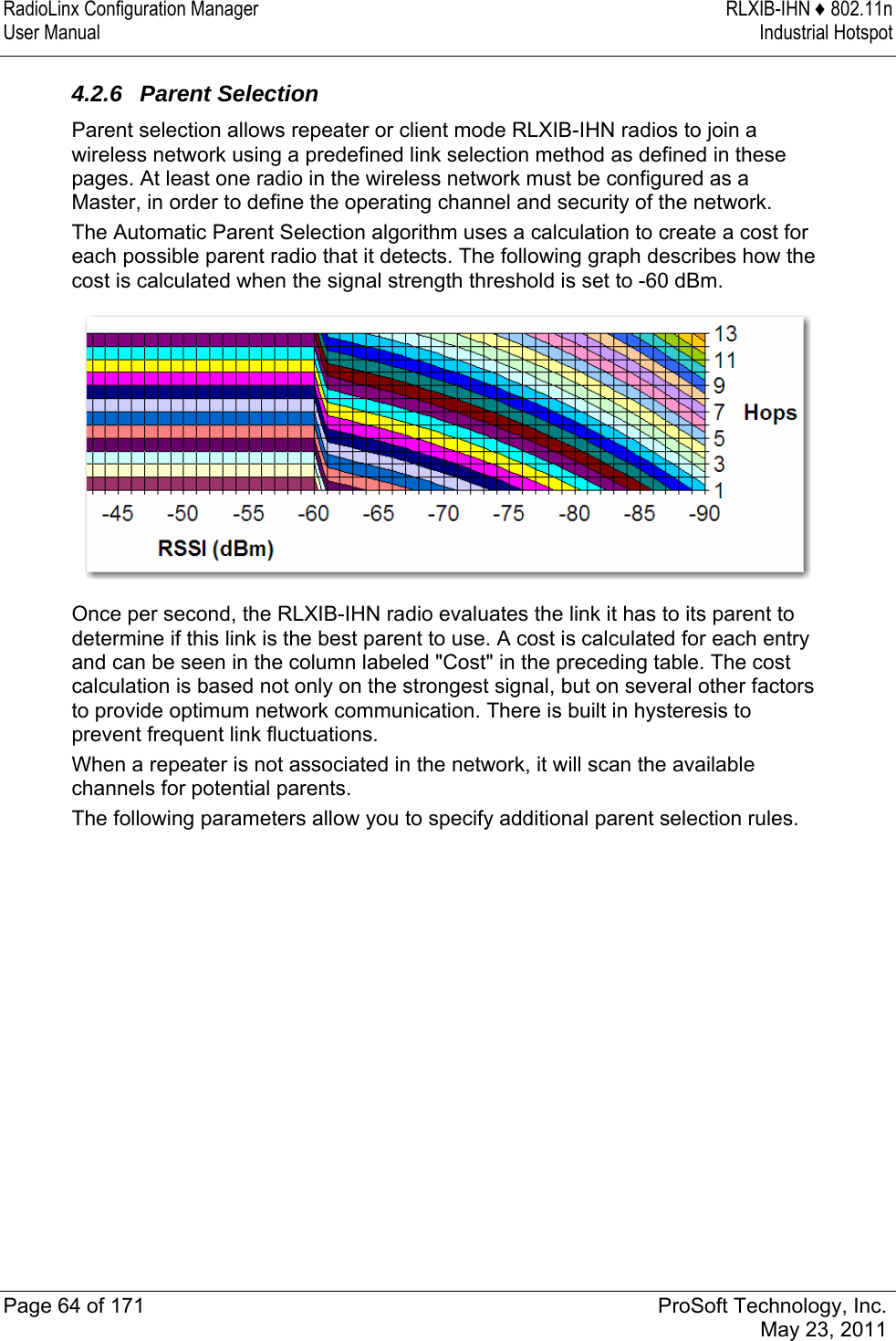 RadioLinx Configuration Manager  RLXIB-IHN ♦ 802.11n User Manual  Industrial Hotspot   Page 64 of 171  ProSoft Technology, Inc.  May 23, 2011  4.2.6 Parent Selection Parent selection allows repeater or client mode RLXIB-IHN radios to join a wireless network using a predefined link selection method as defined in these pages. At least one radio in the wireless network must be configured as a Master, in order to define the operating channel and security of the network. The Automatic Parent Selection algorithm uses a calculation to create a cost for each possible parent radio that it detects. The following graph describes how the cost is calculated when the signal strength threshold is set to -60 dBm.   Once per second, the RLXIB-IHN radio evaluates the link it has to its parent to determine if this link is the best parent to use. A cost is calculated for each entry and can be seen in the column labeled &quot;Cost&quot; in the preceding table. The cost calculation is based not only on the strongest signal, but on several other factors to provide optimum network communication. There is built in hysteresis to prevent frequent link fluctuations.  When a repeater is not associated in the network, it will scan the available channels for potential parents.  The following parameters allow you to specify additional parent selection rules.  