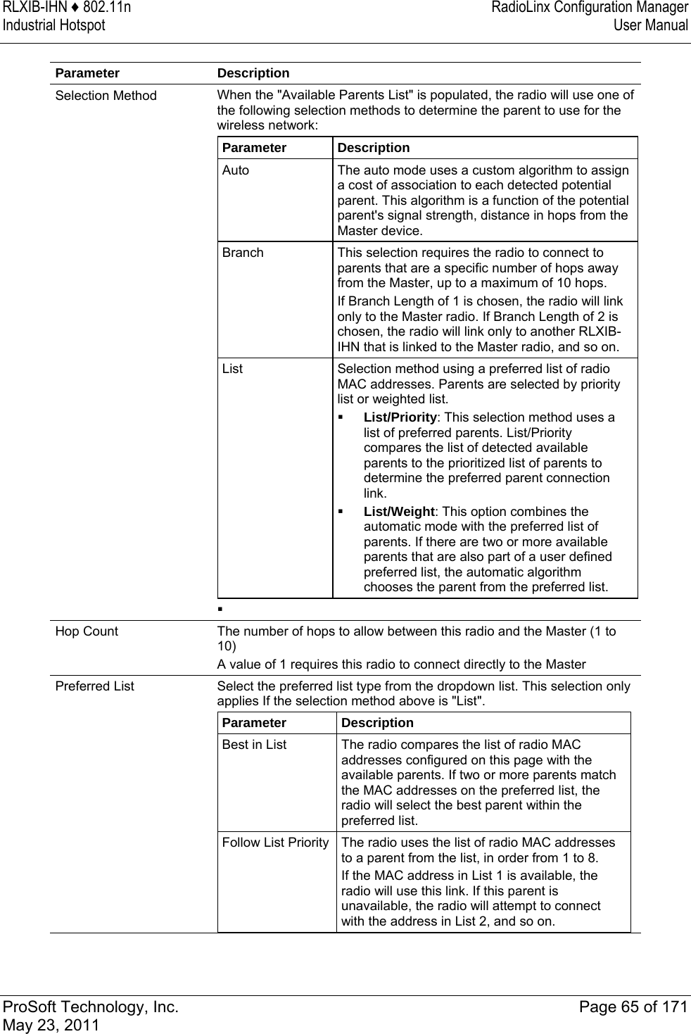 RLXIB-IHN ♦ 802.11n  RadioLinx Configuration Manager Industrial Hotspot   User Manual   ProSoft Technology, Inc.  Page 65 of 171 May 23, 2011  Parameter Description Selection Method  When the &quot;Available Parents List&quot; is populated, the radio will use one of the following selection methods to determine the parent to use for the wireless network: Parameter  Description Auto  The auto mode uses a custom algorithm to assign a cost of association to each detected potential parent. This algorithm is a function of the potential parent&apos;s signal strength, distance in hops from the Master device. Branch  This selection requires the radio to connect to parents that are a specific number of hops away from the Master, up to a maximum of 10 hops.  If Branch Length of 1 is chosen, the radio will link only to the Master radio. If Branch Length of 2 is chosen, the radio will link only to another RLXIB-IHN that is linked to the Master radio, and so on. List  Selection method using a preferred list of radio MAC addresses. Parents are selected by priority list or weighted list.  List/Priority: This selection method uses a list of preferred parents. List/Priority compares the list of detected available parents to the prioritized list of parents to determine the preferred parent connection link.  List/Weight: This option combines the automatic mode with the preferred list of parents. If there are two or more available parents that are also part of a user defined preferred list, the automatic algorithm chooses the parent from the preferred list.   Hop Count  The number of hops to allow between this radio and the Master (1 to 10)  A value of 1 requires this radio to connect directly to the Master  Preferred List  Select the preferred list type from the dropdown list. This selection only applies If the selection method above is &quot;List&quot;. Parameter  Description Best in List  The radio compares the list of radio MAC addresses configured on this page with the available parents. If two or more parents match the MAC addresses on the preferred list, the radio will select the best parent within the preferred list. Follow List Priority  The radio uses the list of radio MAC addresses to a parent from the list, in order from 1 to 8.  If the MAC address in List 1 is available, the radio will use this link. If this parent is unavailable, the radio will attempt to connect with the address in List 2, and so on.   