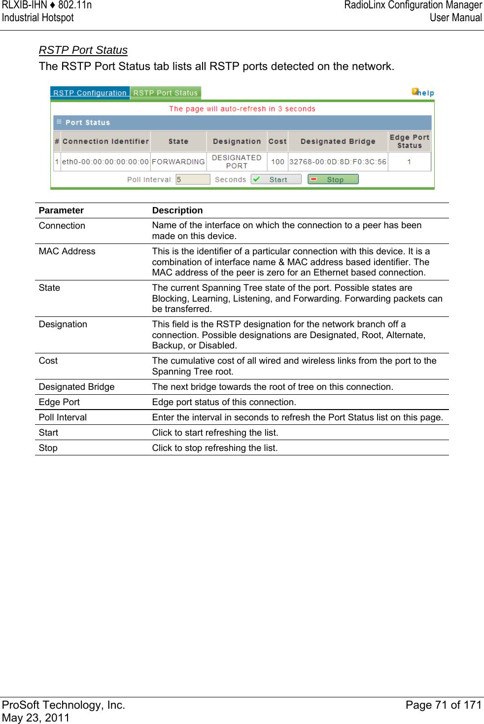 RLXIB-IHN ♦ 802.11n  RadioLinx Configuration Manager Industrial Hotspot   User Manual   ProSoft Technology, Inc.  Page 71 of 171 May 23, 2011  RSTP Port Status The RSTP Port Status tab lists all RSTP ports detected on the network.   Parameter Description Connection  Name of the interface on which the connection to a peer has been made on this device. MAC Address  This is the identifier of a particular connection with this device. It is a combination of interface name &amp; MAC address based identifier. The MAC address of the peer is zero for an Ethernet based connection. State  The current Spanning Tree state of the port. Possible states are Blocking, Learning, Listening, and Forwarding. Forwarding packets can be transferred.  Designation  This field is the RSTP designation for the network branch off a connection. Possible designations are Designated, Root, Alternate, Backup, or Disabled. Cost  The cumulative cost of all wired and wireless links from the port to the Spanning Tree root. Designated Bridge  The next bridge towards the root of tree on this connection. Edge Port  Edge port status of this connection. Poll Interval  Enter the interval in seconds to refresh the Port Status list on this page. Start  Click to start refreshing the list.  Stop  Click to stop refreshing the list.   