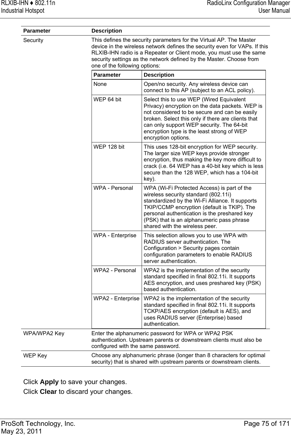 RLXIB-IHN ♦ 802.11n  RadioLinx Configuration Manager Industrial Hotspot   User Manual   ProSoft Technology, Inc.  Page 75 of 171 May 23, 2011  Parameter Description Security  This defines the security parameters for the Virtual AP. The Master device in the wireless network defines the security even for VAPs. If this RLXIB-IHN radio is a Repeater or Client mode, you must use the same security settings as the network defined by the Master. Choose from one of the following options: Parameter  Description None  Open/no security. Any wireless device can connect to this AP (subject to an ACL policy). WEP 64 bit  Select this to use WEP (Wired Equivalent Privacy) encryption on the data packets. WEP is not considered to be secure and can be easily broken. Select this only if there are clients that can only support WEP security. The 64-bit encryption type is the least strong of WEP encryption options. WEP 128 bit  This uses 128-bit encryption for WEP security. The larger size WEP keys provide stronger encryption, thus making the key more difficult to crack (i.e. 64 WEP has a 40-bit key which is less secure than the 128 WEP, which has a 104-bit key). WPA - Personal  WPA (Wi-Fi Protected Access) is part of the wireless security standard (802.11i) standardized by the Wi-Fi Alliance. It supports TKIP/CCMP encryption (default is TKIP). The personal authentication is the preshared key (PSK) that is an alphanumeric pass phrase shared with the wireless peer. WPA - Enterprise  This selection allows you to use WPA with RADIUS server authentication. The Configuration &gt; Security pages contain configuration parameters to enable RADIUS server authentication. WPA2 - Personal  WPA2 is the implementation of the security standard specified in final 802.11i. It supports AES encryption, and uses preshared key (PSK) based authentication. WPA2 - Enterprise WPA2 is the implementation of the security standard specified in final 802.11i. It supports TCKP/AES encryption (default is AES), and uses RADIUS server (Enterprise) based authentication.  WPA/WPA2 Key  Enter the alphanumeric password for WPA or WPA2 PSK authentication. Upstream parents or downstream clients must also be configured with the same password. WEP Key  Choose any alphanumeric phrase (longer than 8 characters for optimal security) that is shared with upstream parents or downstream clients.  Click Apply to save your changes. Click Clear to discard your changes.  