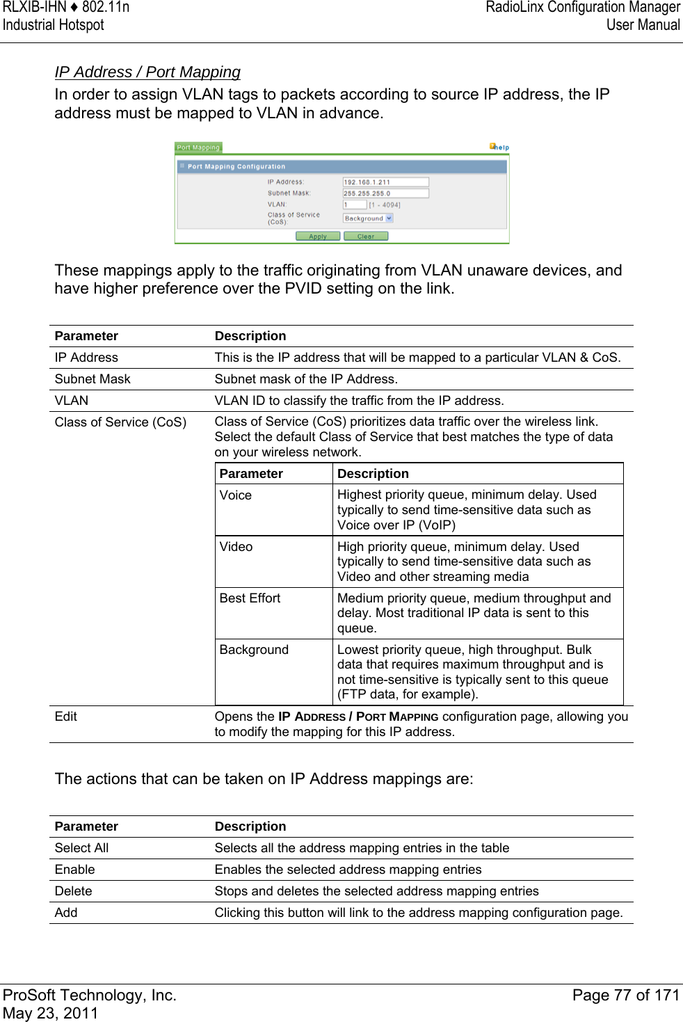 RLXIB-IHN ♦ 802.11n  RadioLinx Configuration Manager Industrial Hotspot   User Manual   ProSoft Technology, Inc.  Page 77 of 171 May 23, 2011   IP Address / Port Mapping In order to assign VLAN tags to packets according to source IP address, the IP address must be mapped to VLAN in advance.   These mappings apply to the traffic originating from VLAN unaware devices, and have higher preference over the PVID setting on the link.  Parameter Description IP Address  This is the IP address that will be mapped to a particular VLAN &amp; CoS. Subnet Mask  Subnet mask of the IP Address. VLAN  VLAN ID to classify the traffic from the IP address. Class of Service (CoS)  Class of Service (CoS) prioritizes data traffic over the wireless link. Select the default Class of Service that best matches the type of data on your wireless network.  Parameter  Description Voice  Highest priority queue, minimum delay. Used typically to send time-sensitive data such as Voice over IP (VoIP) Video  High priority queue, minimum delay. Used typically to send time-sensitive data such as Video and other streaming media Best Effort  Medium priority queue, medium throughput and delay. Most traditional IP data is sent to this queue. Background  Lowest priority queue, high throughput. Bulk data that requires maximum throughput and is not time-sensitive is typically sent to this queue (FTP data, for example).  Edit  Opens the IP ADDRESS / PORT MAPPING configuration page, allowing you to modify the mapping for this IP address.  The actions that can be taken on IP Address mappings are:  Parameter Description Select All  Selects all the address mapping entries in the table Enable  Enables the selected address mapping entries Delete  Stops and deletes the selected address mapping entries Add  Clicking this button will link to the address mapping configuration page.   