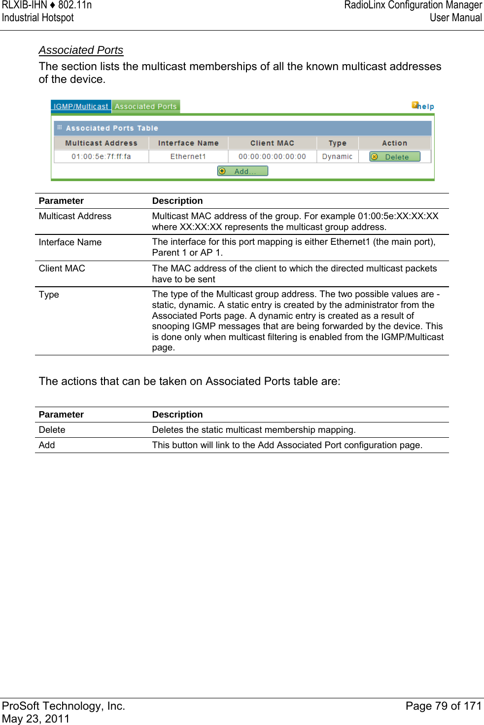 RLXIB-IHN ♦ 802.11n  RadioLinx Configuration Manager Industrial Hotspot   User Manual   ProSoft Technology, Inc.  Page 79 of 171 May 23, 2011  Associated Ports The section lists the multicast memberships of all the known multicast addresses of the device.  Parameter Description Multicast Address  Multicast MAC address of the group. For example 01:00:5e:XX:XX:XX where XX:XX:XX represents the multicast group address. Interface Name  The interface for this port mapping is either Ethernet1 (the main port), Parent 1 or AP 1. Client MAC  The MAC address of the client to which the directed multicast packets have to be sent Type  The type of the Multicast group address. The two possible values are - static, dynamic. A static entry is created by the administrator from the Associated Ports page. A dynamic entry is created as a result of snooping IGMP messages that are being forwarded by the device. This is done only when multicast filtering is enabled from the IGMP/Multicast page.  The actions that can be taken on Associated Ports table are:  Parameter Description Delete  Deletes the static multicast membership mapping. Add  This button will link to the Add Associated Port configuration page.   