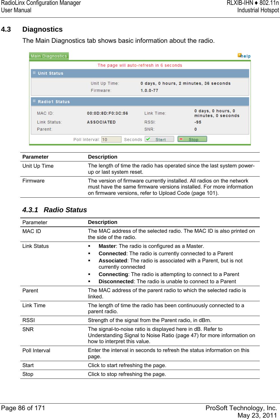 RadioLinx Configuration Manager  RLXIB-IHN ♦ 802.11n User Manual  Industrial Hotspot   Page 86 of 171  ProSoft Technology, Inc.  May 23, 2011  4.3 Diagnostics The Main Diagnostics tab shows basic information about the radio.  Parameter Description Unit Up Time  The length of time the radio has operated since the last system power-up or last system reset. Firmware  The version of firmware currently installed. All radios on the network must have the same firmware versions installed. For more information on firmware versions, refer to Upload Code (page 101).   4.3.1 Radio Status  Parameter Description MAC ID  The MAC address of the selected radio. The MAC ID is also printed on the side of the radio. Link Status   Master: The radio is configured as a Master.  Connected: The radio is currently connected to a Parent  Associated: The radio is associated with a Parent, but is not currently connected  Connecting: The radio is attempting to connect to a Parent  Disconnected: The radio is unable to connect to a Parent Parent  The MAC address of the parent radio to which the selected radio is linked. Link Time  The length of time the radio has been continuously connected to a parent radio. RSSI  Strength of the signal from the Parent radio, in dBm.  SNR  The signal-to-noise ratio is displayed here in dB. Refer to Understanding Signal to Noise Ratio (page 47) for more information on how to interpret this value. Poll Interval  Enter the interval in seconds to refresh the status information on this page.  Start  Click to start refreshing the page. Stop  Click to stop refreshing the page.   