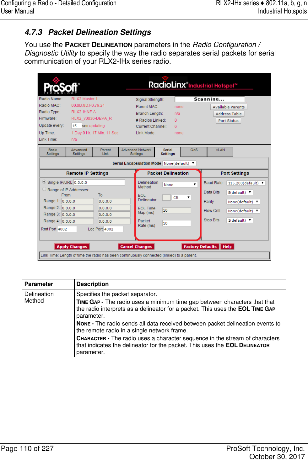 Configuring a Radio - Detailed Configuration  RLX2-IHx series ♦ 802.11a, b, g, n User Manual  Industrial Hotspots   Page 110 of 227  ProSoft Technology, Inc.   October 30, 2017  4.7.3  Packet Delineation Settings You use the PACKET DELINEATION parameters in the Radio Configuration / Diagnostic Utility to specify the way the radio separates serial packets for serial communication of your RLX2-IHx series radio.   Parameter Description Delineation Method Specifies the packet separator. TIME GAP - The radio uses a minimum time gap between characters that that the radio interprets as a delineator for a packet. This uses the EOL TIME GAP parameter. NONE - The radio sends all data received between packet delineation events to the remote radio in a single network frame. CHARACTER - The radio uses a character sequence in the stream of characters that indicates the delineator for the packet. This uses the EOL DELINEATOR parameter. 