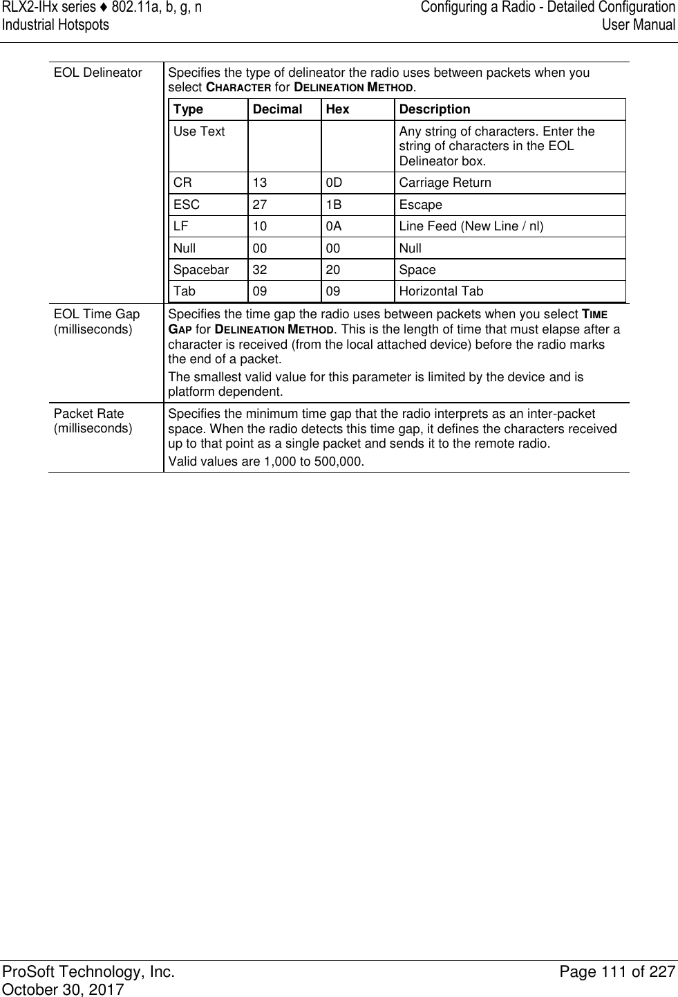 RLX2-IHx series ♦ 802.11a, b, g, n  Configuring a Radio - Detailed Configuration Industrial Hotspots   User Manual   ProSoft Technology, Inc.  Page 111 of 227 October 30, 2017   EOL Delineator Specifies the type of delineator the radio uses between packets when you select CHARACTER for DELINEATION METHOD. Type Decimal Hex Description Use Text   Any string of characters. Enter the string of characters in the EOL Delineator box. CR 13 0D Carriage Return ESC 27 1B Escape LF 10 0A Line Feed (New Line / nl) Null 00 00 Null Spacebar 32 20 Space Tab 09 09 Horizontal Tab  EOL Time Gap (milliseconds) Specifies the time gap the radio uses between packets when you select TIME GAP for DELINEATION METHOD. This is the length of time that must elapse after a character is received (from the local attached device) before the radio marks the end of a packet. The smallest valid value for this parameter is limited by the device and is platform dependent. Packet Rate (milliseconds) Specifies the minimum time gap that the radio interprets as an inter-packet space. When the radio detects this time gap, it defines the characters received up to that point as a single packet and sends it to the remote radio. Valid values are 1,000 to 500,000.   