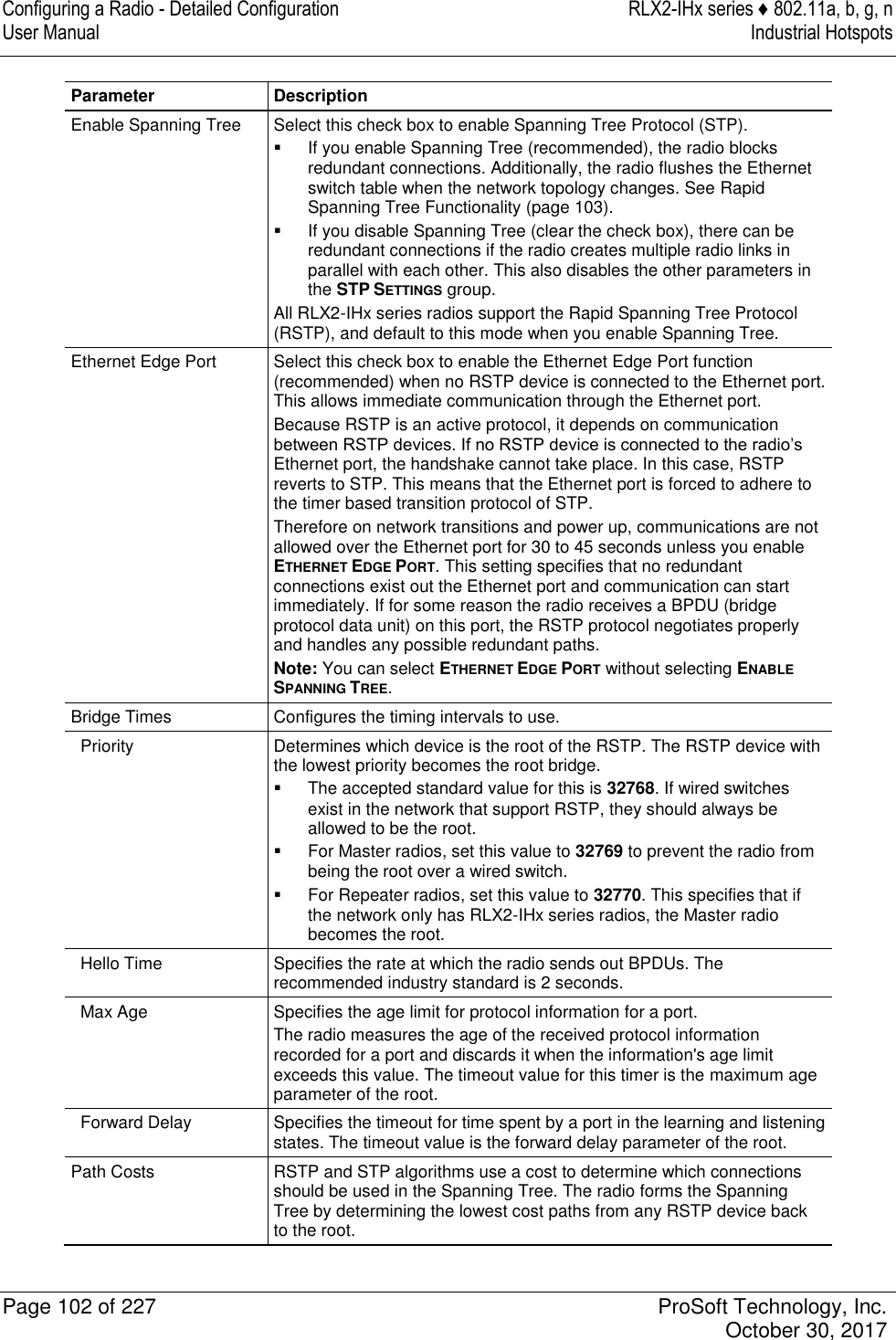 Configuring a Radio - Detailed Configuration  RLX2-IHx series ♦ 802.11a, b, g, n User Manual  Industrial Hotspots   Page 102 of 227  ProSoft Technology, Inc.   October 30, 2017  Parameter Description Enable Spanning Tree Select this check box to enable Spanning Tree Protocol (STP).    If you enable Spanning Tree (recommended), the radio blocks redundant connections. Additionally, the radio flushes the Ethernet switch table when the network topology changes. See Rapid Spanning Tree Functionality (page 103).   If you disable Spanning Tree (clear the check box), there can be redundant connections if the radio creates multiple radio links in parallel with each other. This also disables the other parameters in the STP SETTINGS group. All RLX2-IHx series radios support the Rapid Spanning Tree Protocol (RSTP), and default to this mode when you enable Spanning Tree. Ethernet Edge Port Select this check box to enable the Ethernet Edge Port function (recommended) when no RSTP device is connected to the Ethernet port. This allows immediate communication through the Ethernet port. Because RSTP is an active protocol, it depends on communication between RSTP devices. If no RSTP device is connected to the radio’s Ethernet port, the handshake cannot take place. In this case, RSTP reverts to STP. This means that the Ethernet port is forced to adhere to the timer based transition protocol of STP. Therefore on network transitions and power up, communications are not allowed over the Ethernet port for 30 to 45 seconds unless you enable ETHERNET EDGE PORT. This setting specifies that no redundant connections exist out the Ethernet port and communication can start immediately. If for some reason the radio receives a BPDU (bridge protocol data unit) on this port, the RSTP protocol negotiates properly and handles any possible redundant paths. Note: You can select ETHERNET EDGE PORT without selecting ENABLE SPANNING TREE. Bridge Times Configures the timing intervals to use.   Priority Determines which device is the root of the RSTP. The RSTP device with the lowest priority becomes the root bridge.   The accepted standard value for this is 32768. If wired switches exist in the network that support RSTP, they should always be allowed to be the root.   For Master radios, set this value to 32769 to prevent the radio from being the root over a wired switch.   For Repeater radios, set this value to 32770. This specifies that if the network only has RLX2-IHx series radios, the Master radio becomes the root.   Hello Time Specifies the rate at which the radio sends out BPDUs. The recommended industry standard is 2 seconds.   Max Age Specifies the age limit for protocol information for a port. The radio measures the age of the received protocol information recorded for a port and discards it when the information&apos;s age limit exceeds this value. The timeout value for this timer is the maximum age parameter of the root.   Forward Delay Specifies the timeout for time spent by a port in the learning and listening states. The timeout value is the forward delay parameter of the root. Path Costs RSTP and STP algorithms use a cost to determine which connections should be used in the Spanning Tree. The radio forms the Spanning Tree by determining the lowest cost paths from any RSTP device back to the root. 