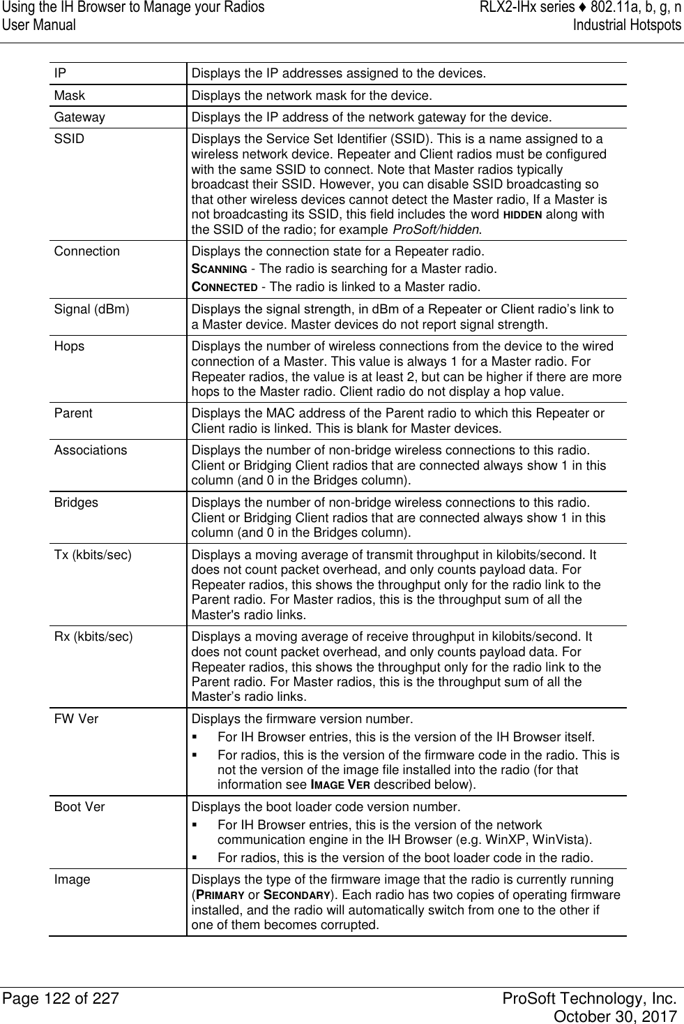 Using the IH Browser to Manage your Radios  RLX2-IHx series ♦ 802.11a, b, g, n User Manual  Industrial Hotspots   Page 122 of 227  ProSoft Technology, Inc.   October 30, 2017  IP Displays the IP addresses assigned to the devices. Mask Displays the network mask for the device. Gateway Displays the IP address of the network gateway for the device.  SSID Displays the Service Set Identifier (SSID). This is a name assigned to a wireless network device. Repeater and Client radios must be configured with the same SSID to connect. Note that Master radios typically broadcast their SSID. However, you can disable SSID broadcasting so that other wireless devices cannot detect the Master radio, If a Master is not broadcasting its SSID, this field includes the word HIDDEN along with the SSID of the radio; for example ProSoft/hidden. Connection Displays the connection state for a Repeater radio. SCANNING - The radio is searching for a Master radio. CONNECTED - The radio is linked to a Master radio. Signal (dBm) Displays the signal strength, in dBm of a Repeater or Client radio’s link to a Master device. Master devices do not report signal strength. Hops Displays the number of wireless connections from the device to the wired connection of a Master. This value is always 1 for a Master radio. For Repeater radios, the value is at least 2, but can be higher if there are more hops to the Master radio. Client radio do not display a hop value. Parent Displays the MAC address of the Parent radio to which this Repeater or Client radio is linked. This is blank for Master devices. Associations Displays the number of non-bridge wireless connections to this radio. Client or Bridging Client radios that are connected always show 1 in this column (and 0 in the Bridges column). Bridges Displays the number of non-bridge wireless connections to this radio. Client or Bridging Client radios that are connected always show 1 in this column (and 0 in the Bridges column). Tx (kbits/sec) Displays a moving average of transmit throughput in kilobits/second. It does not count packet overhead, and only counts payload data. For Repeater radios, this shows the throughput only for the radio link to the Parent radio. For Master radios, this is the throughput sum of all the Master&apos;s radio links. Rx (kbits/sec) Displays a moving average of receive throughput in kilobits/second. It does not count packet overhead, and only counts payload data. For Repeater radios, this shows the throughput only for the radio link to the Parent radio. For Master radios, this is the throughput sum of all the Master’s radio links. FW Ver Displays the firmware version number.   For IH Browser entries, this is the version of the IH Browser itself.   For radios, this is the version of the firmware code in the radio. This is not the version of the image file installed into the radio (for that information see IMAGE VER described below). Boot Ver Displays the boot loader code version number.   For IH Browser entries, this is the version of the network communication engine in the IH Browser (e.g. WinXP, WinVista).   For radios, this is the version of the boot loader code in the radio. Image Displays the type of the firmware image that the radio is currently running (PRIMARY or SECONDARY). Each radio has two copies of operating firmware installed, and the radio will automatically switch from one to the other if one of them becomes corrupted. 