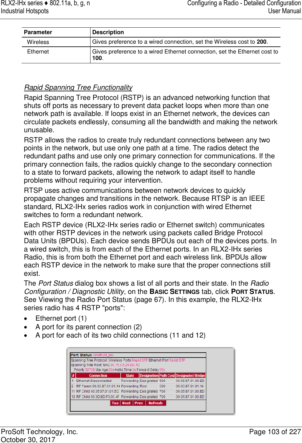 RLX2-IHx series ♦ 802.11a, b, g, n  Configuring a Radio - Detailed Configuration Industrial Hotspots   User Manual   ProSoft Technology, Inc.  Page 103 of 227 October 30, 2017   Parameter Description   Wireless Gives preference to a wired connection, set the Wireless cost to 200.   Ethernet Gives preference to a wired Ethernet connection, set the Ethernet cost to 100.   Rapid Spanning Tree Functionality Rapid Spanning Tree Protocol (RSTP) is an advanced networking function that shuts off ports as necessary to prevent data packet loops when more than one network path is available. If loops exist in an Ethernet network, the devices can circulate packets endlessly, consuming all the bandwidth and making the network unusable. RSTP allows the radios to create truly redundant connections between any two points in the network, but use only one path at a time. The radios detect the redundant paths and use only one primary connection for communications. If the primary connection fails, the radios quickly change to the secondary connection to a state to forward packets, allowing the network to adapt itself to handle problems without requiring your intervention. RTSP uses active communications between network devices to quickly propagate changes and transitions in the network. Because RTSP is an IEEE standard, RLX2-IHx series radios work in conjunction with wired Ethernet switches to form a redundant network. Each RSTP device (RLX2-IHx series radio or Ethernet switch) communicates with other RSTP devices in the network using packets called Bridge Protocol Data Units (BPDUs). Each device sends BPDUs out each of the devices ports. In a wired switch, this is from each of the Ethernet ports. In an RLX2-IHx series Radio, this is from both the Ethernet port and each wireless link. BPDUs allow each RSTP device in the network to make sure that the proper connections still exist. The Port Status dialog box shows a list of all ports and their state. In the Radio Configuration / Diagnostic Utility, on the BASIC SETTINGS tab, click PORT STATUS. See Viewing the Radio Port Status (page 67). In this example, the RLX2-IHx series radio has 4 RSTP &quot;ports&quot;:   Ethernet port (1)   A port for its parent connection (2)   A port for each of its two child connections (11 and 12)  